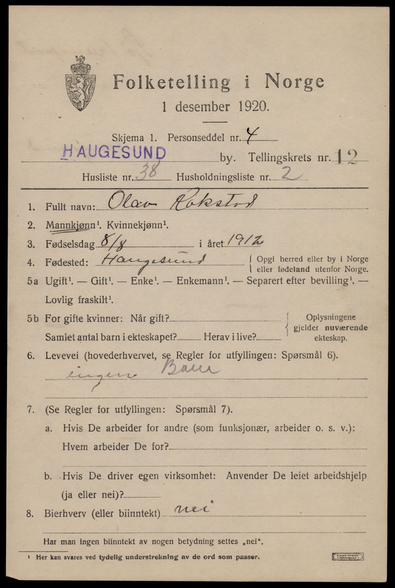 SAST, 1920 census for Haugesund, 1920, p. 38705
