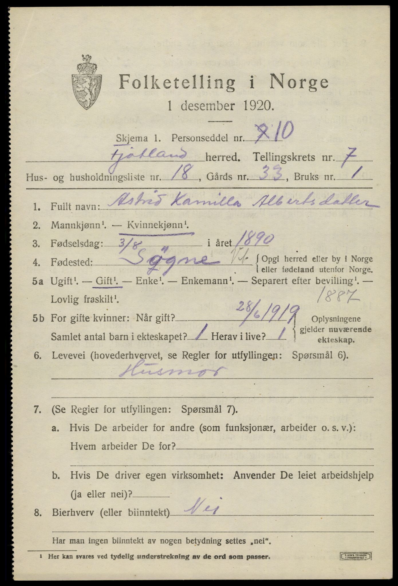 SAK, 1920 census for Fjotland, 1920, p. 1996