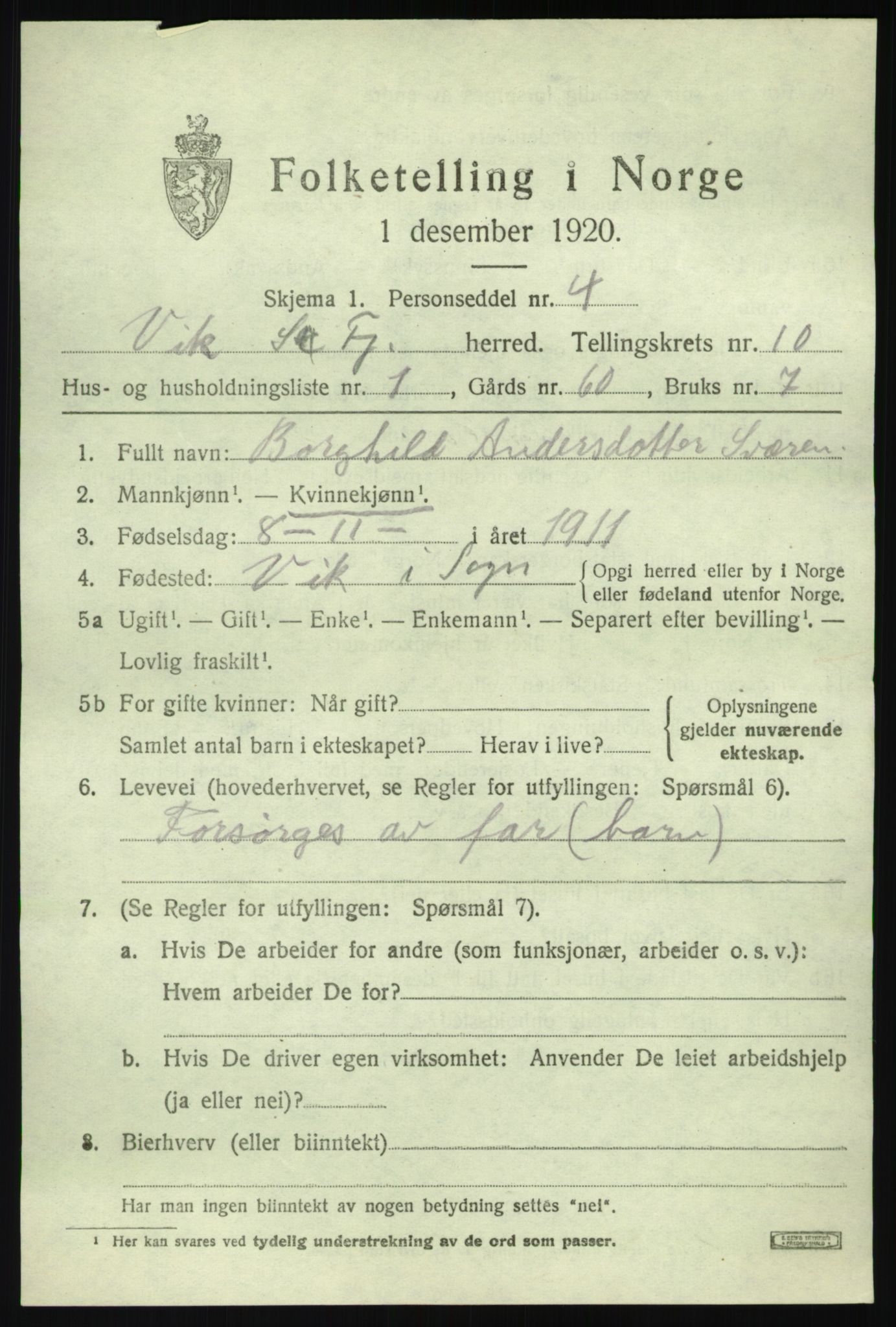 SAB, 1920 census for Vik, 1920, p. 6111