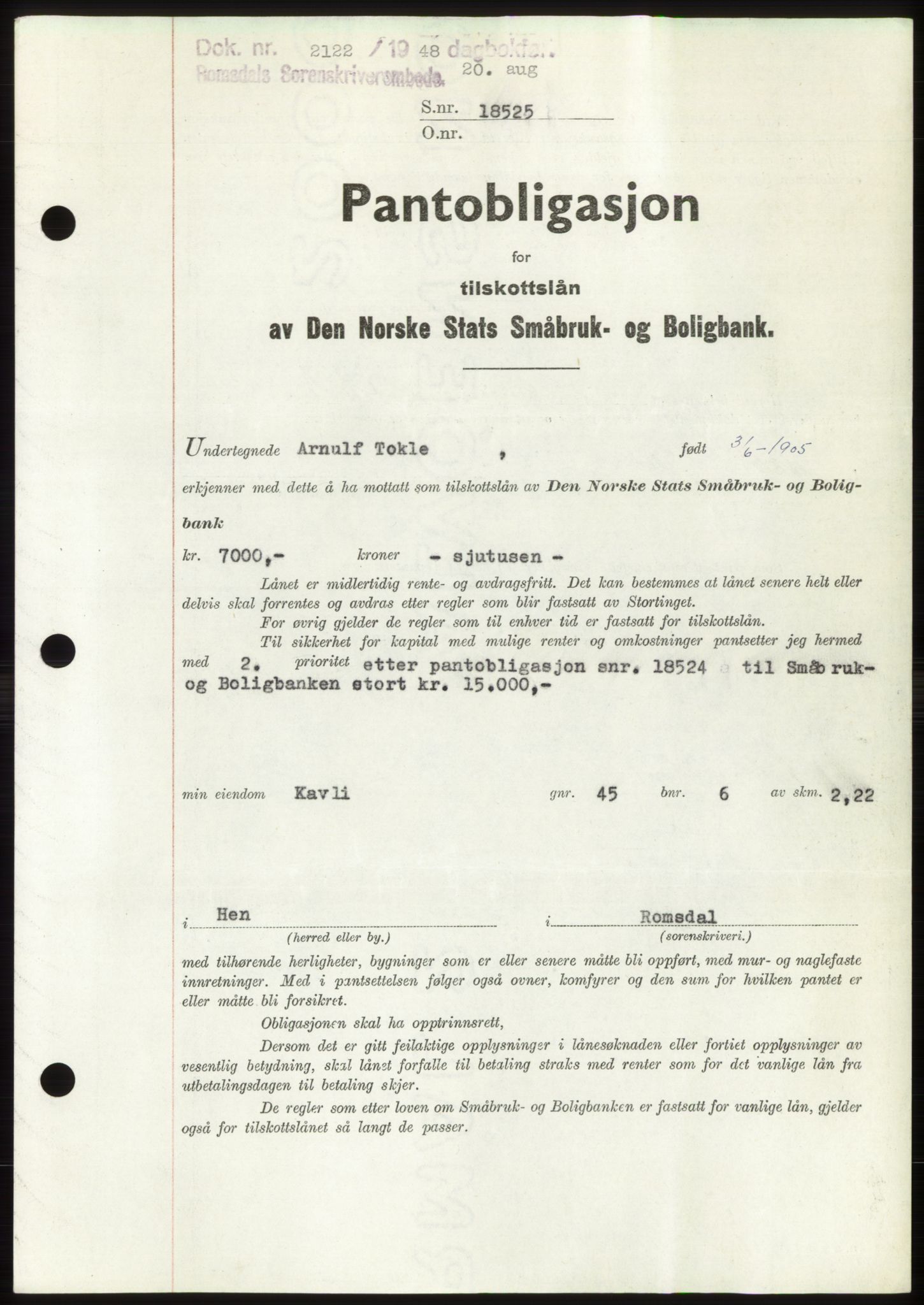 Romsdal sorenskriveri, AV/SAT-A-4149/1/2/2C: Mortgage book no. B4, 1948-1949, Diary no: : 2122/1948