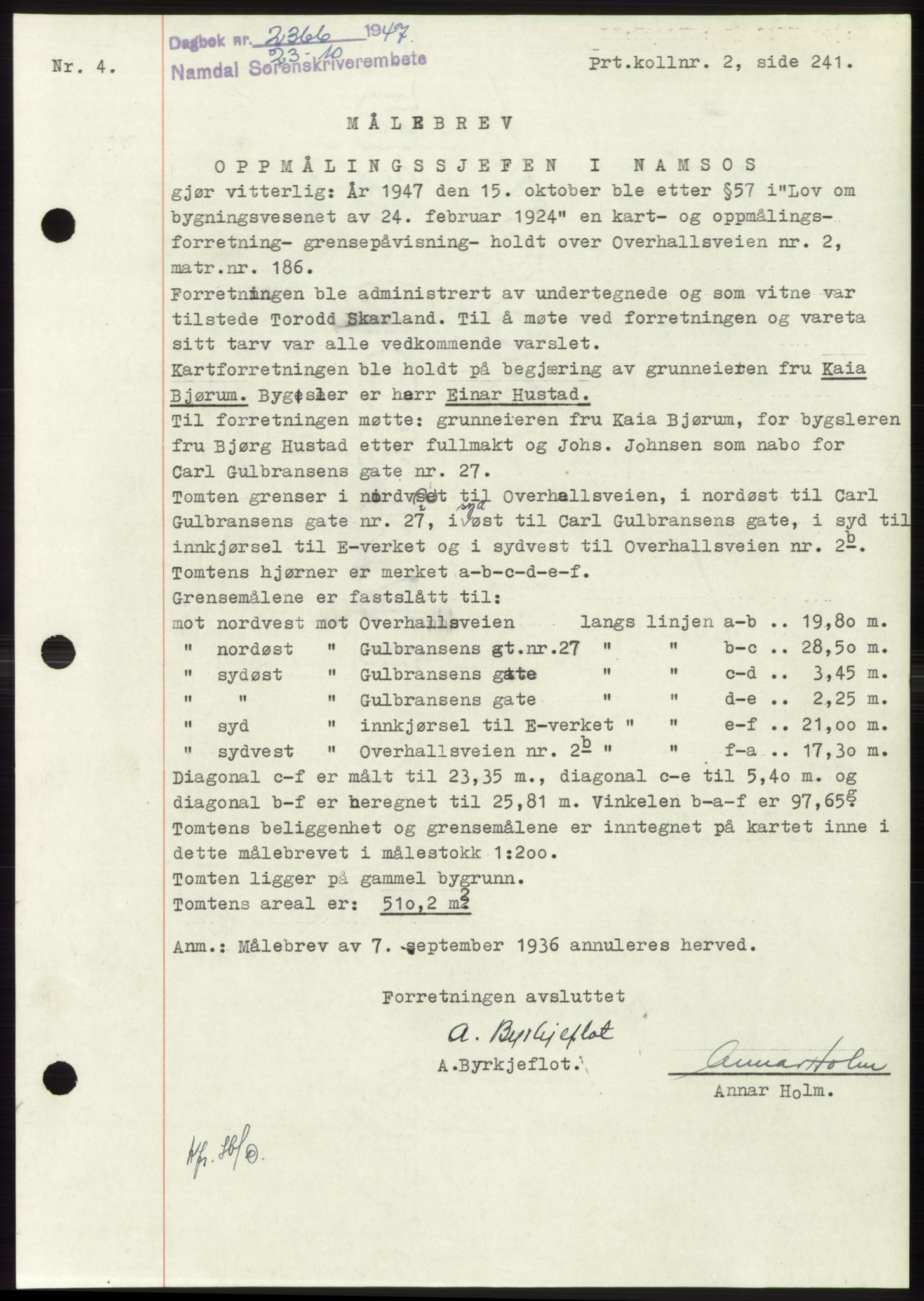 Namdal sorenskriveri, AV/SAT-A-4133/1/2/2C: Mortgage book no. -, 1947-1947, Diary no: : 2366/1947