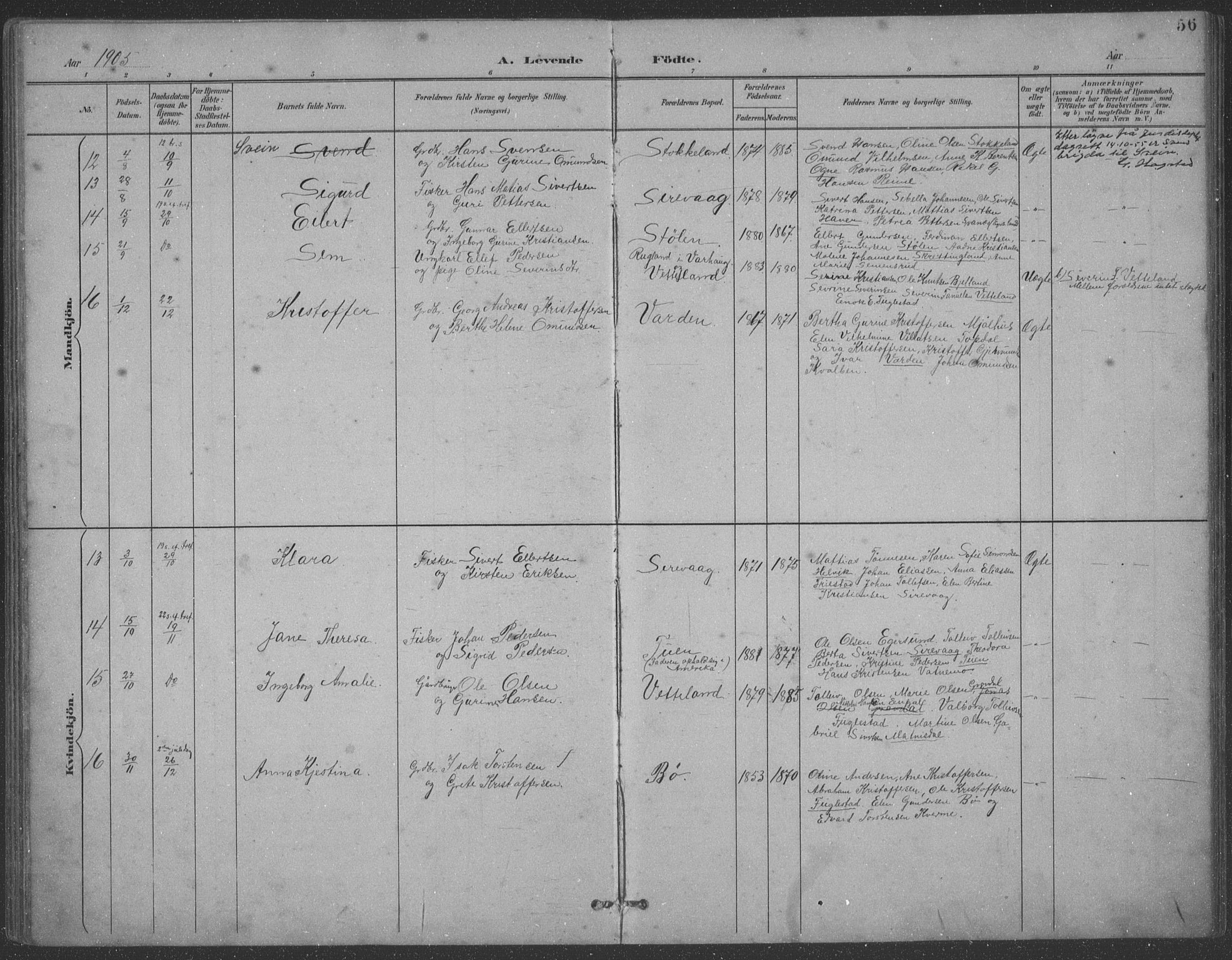 Eigersund sokneprestkontor, AV/SAST-A-101807/001/30/30BB/L0021: Parish register (copy) no. B 21, 1890-1915, p. 56