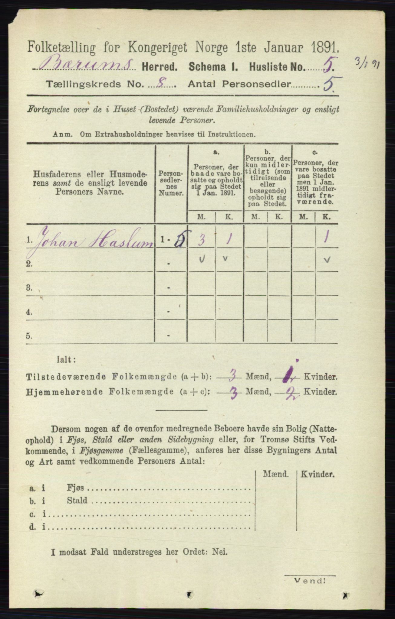 RA, 1891 census for 0219 Bærum, 1891, p. 4445