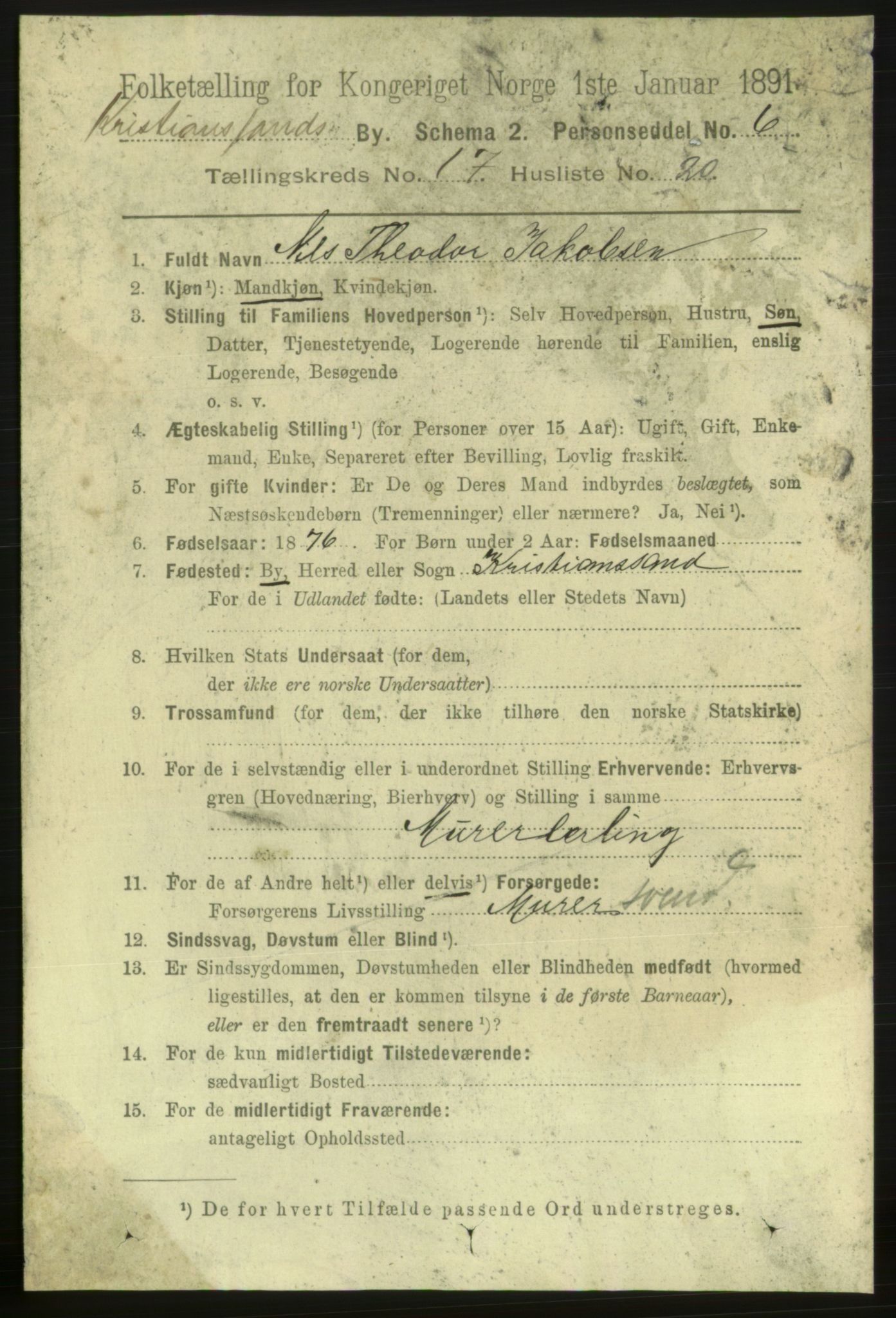 RA, 1891 census for 1001 Kristiansand, 1891, p. 6904