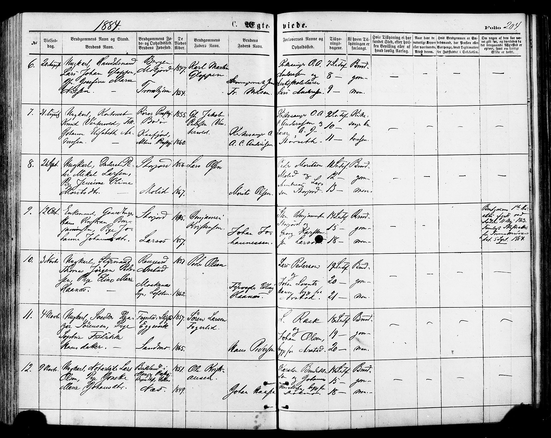 Ministerialprotokoller, klokkerbøker og fødselsregistre - Nordland, AV/SAT-A-1459/846/L0645: Parish register (official) no. 846A03, 1872-1886, p. 204