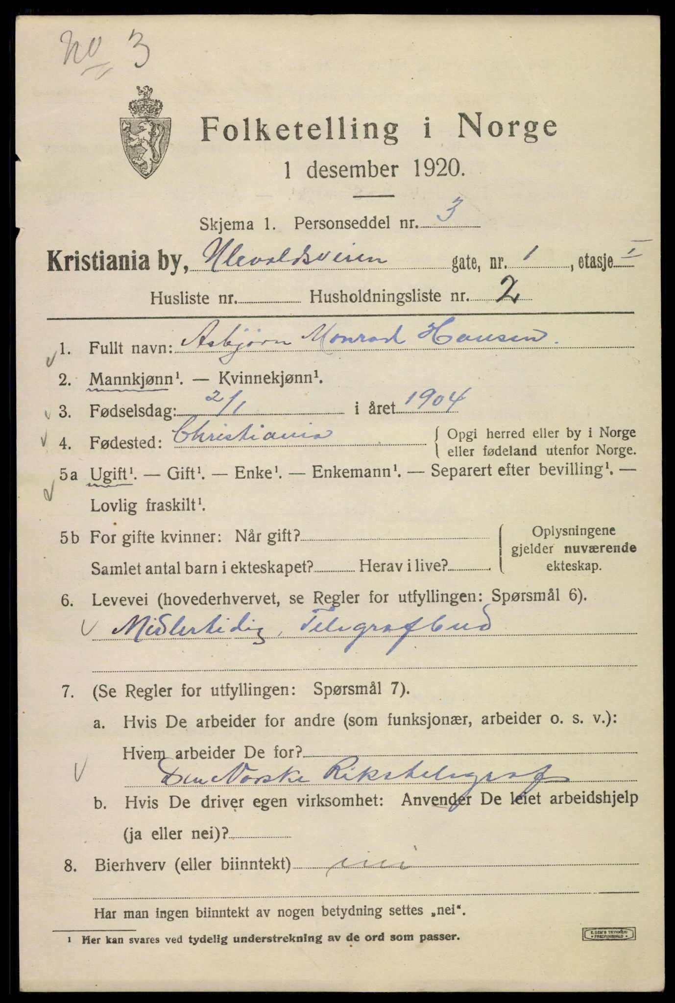 SAO, 1920 census for Kristiania, 1920, p. 612655