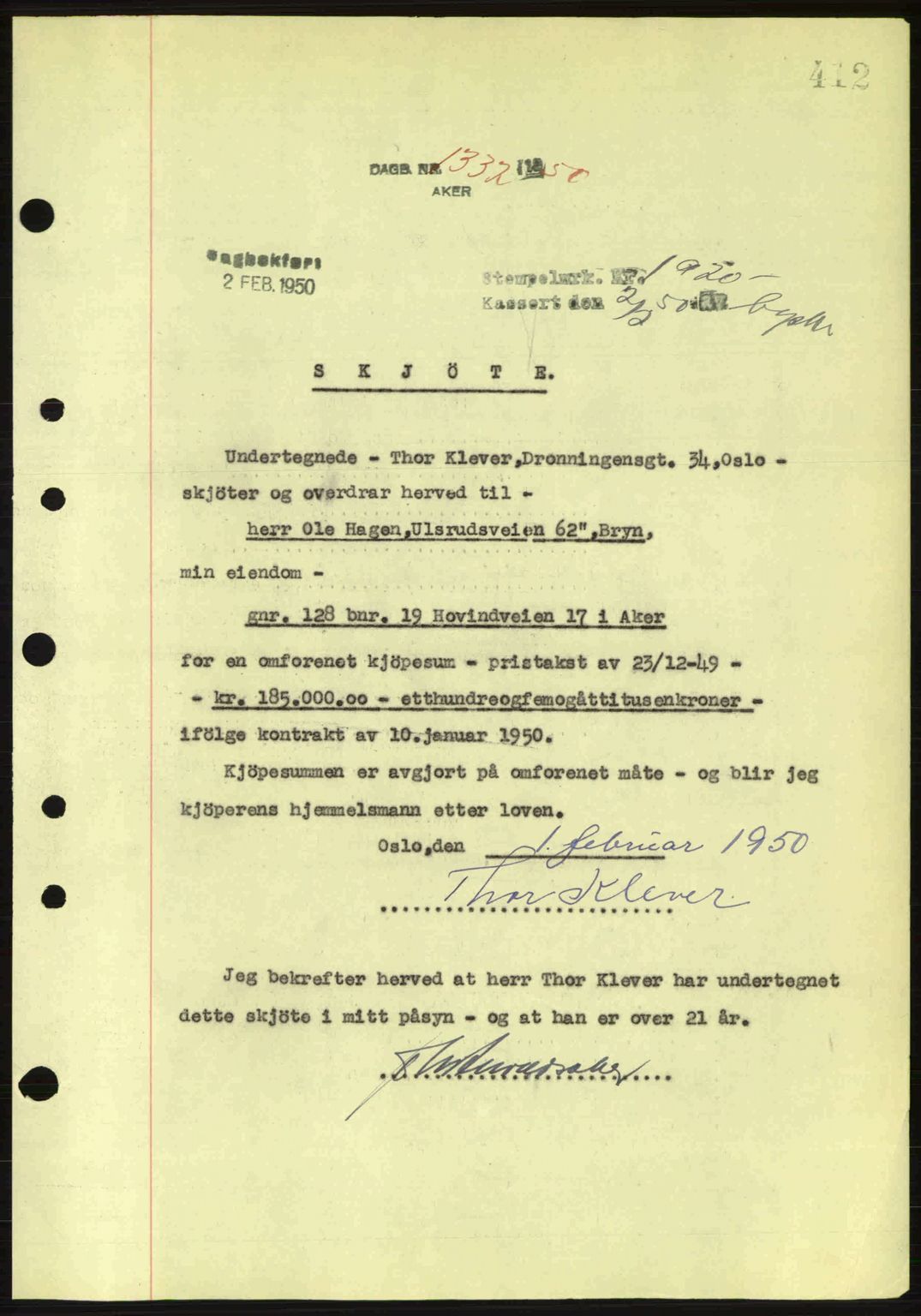 Oslo byskriverembete, AV/SAO-A-10227/G/Gb/Gbd/Gbda/L0017: Mortgage book no. A215, 1949-1950, Diary no: : 1332/1950