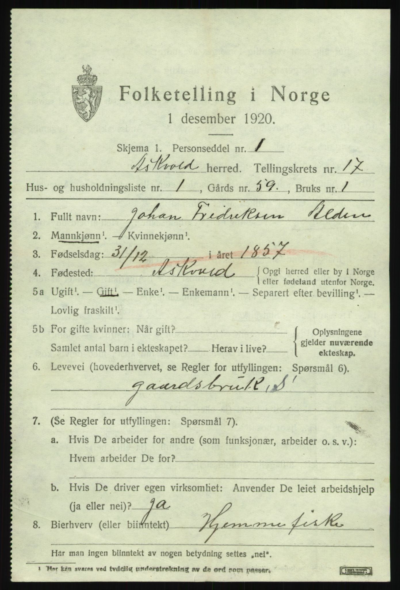 SAB, 1920 census for Askvoll, 1920, p. 6376