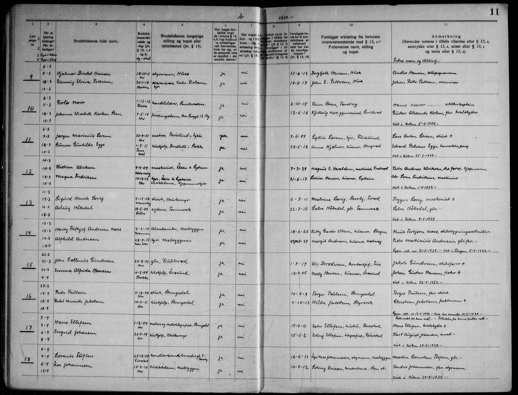 Nøtterøy kirkebøker, AV/SAKO-A-354/H/Ha/L0002: Banns register no. 2, 1937-1952, p. 11