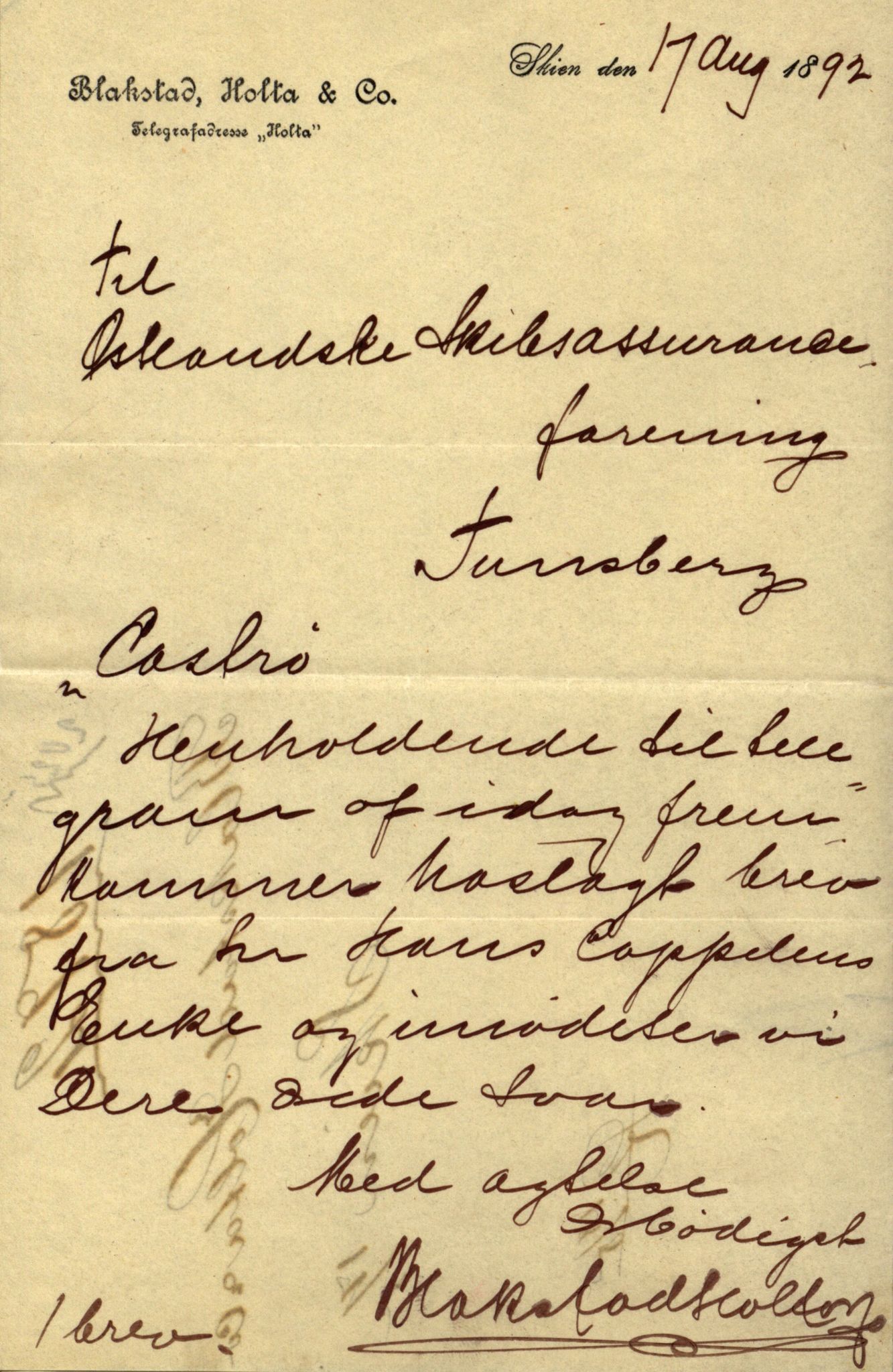 Pa 63 - Østlandske skibsassuranceforening, VEMU/A-1079/G/Ga/L0029/0002: Havaridokumenter / Johanne, Ocean, Capella, Columbus, Castro, 1892, p. 49