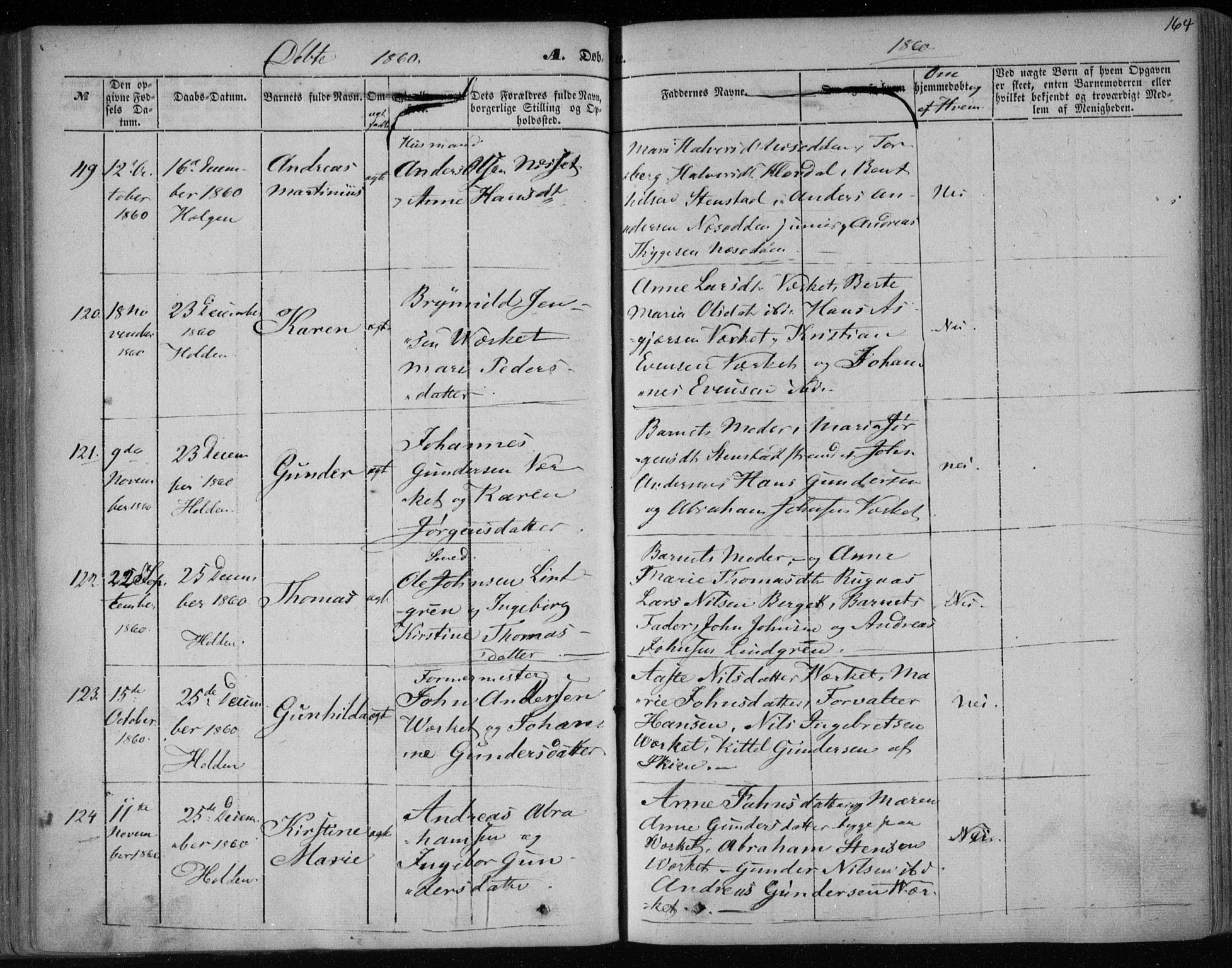 Holla kirkebøker, AV/SAKO-A-272/F/Fa/L0005: Parish register (official) no. 5, 1849-1860, p. 164