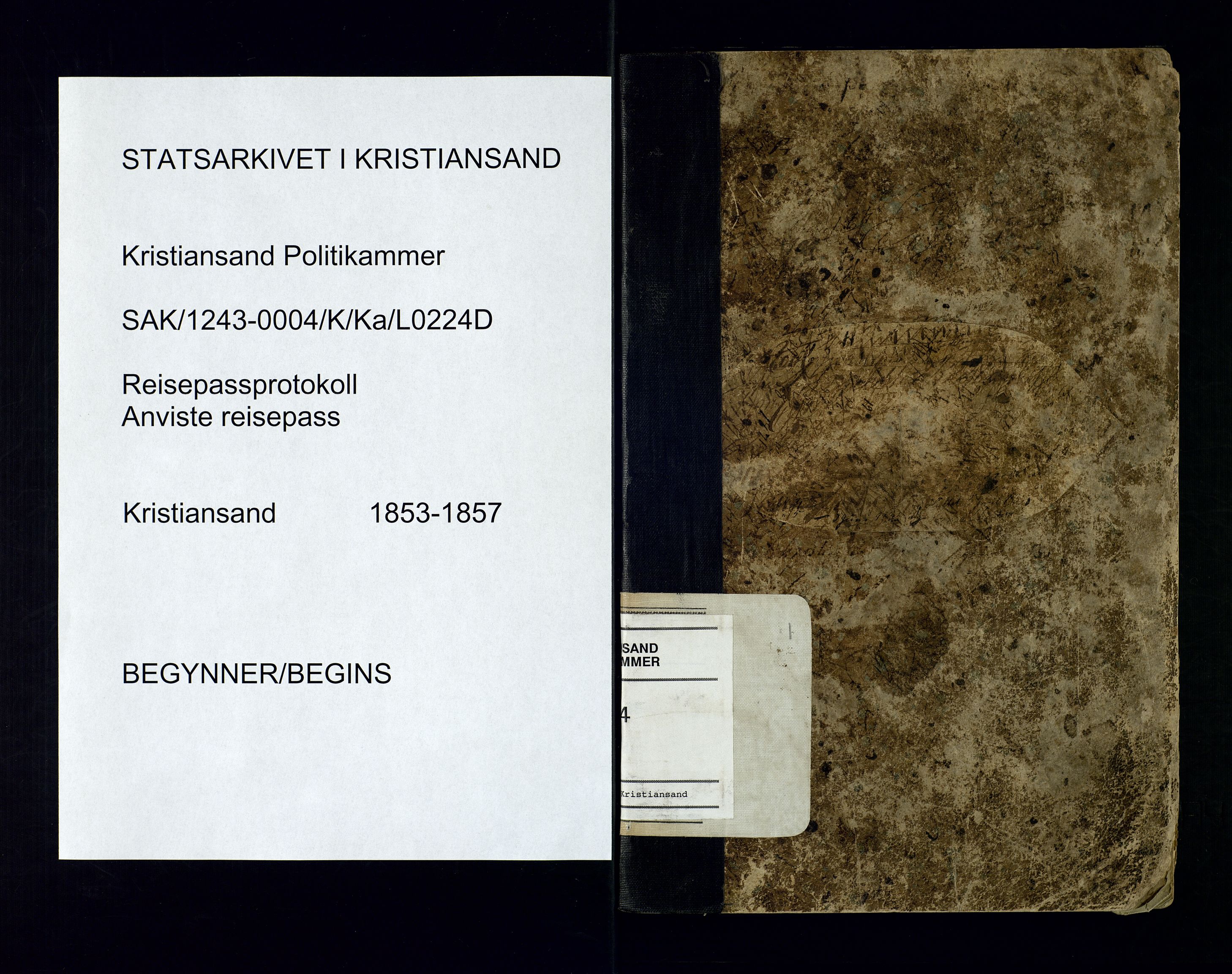 Kristiansand politikammer, SAK/1243-0004/K/Ka/L0224D: Reisepassprotokoll anviste reisepass, 1853-1857, p. 1