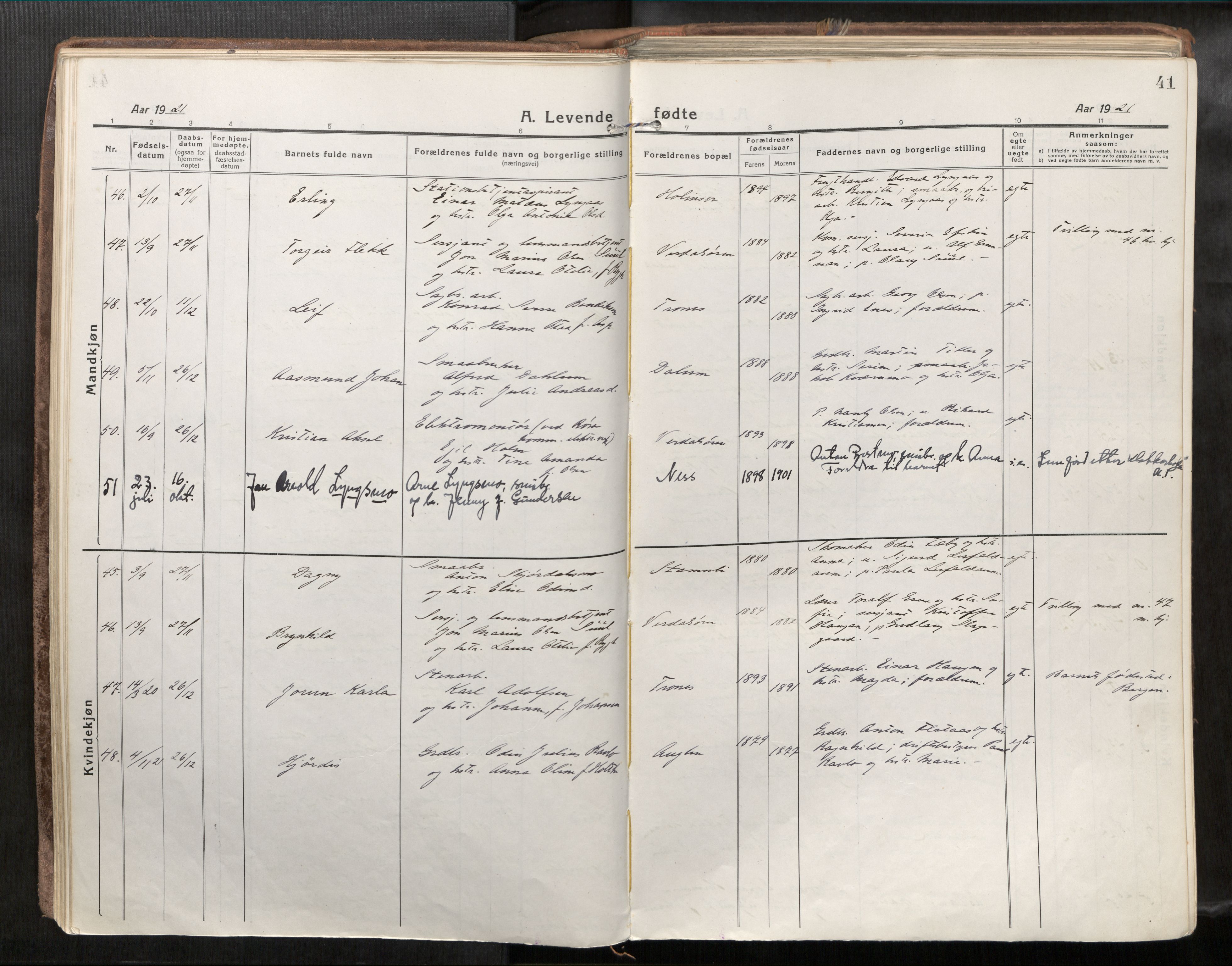 Verdal sokneprestkontor, AV/SAT-A-1156/2/H/Haa/L0001: Parish register (official) no. 1, 1917-1932, p. 41