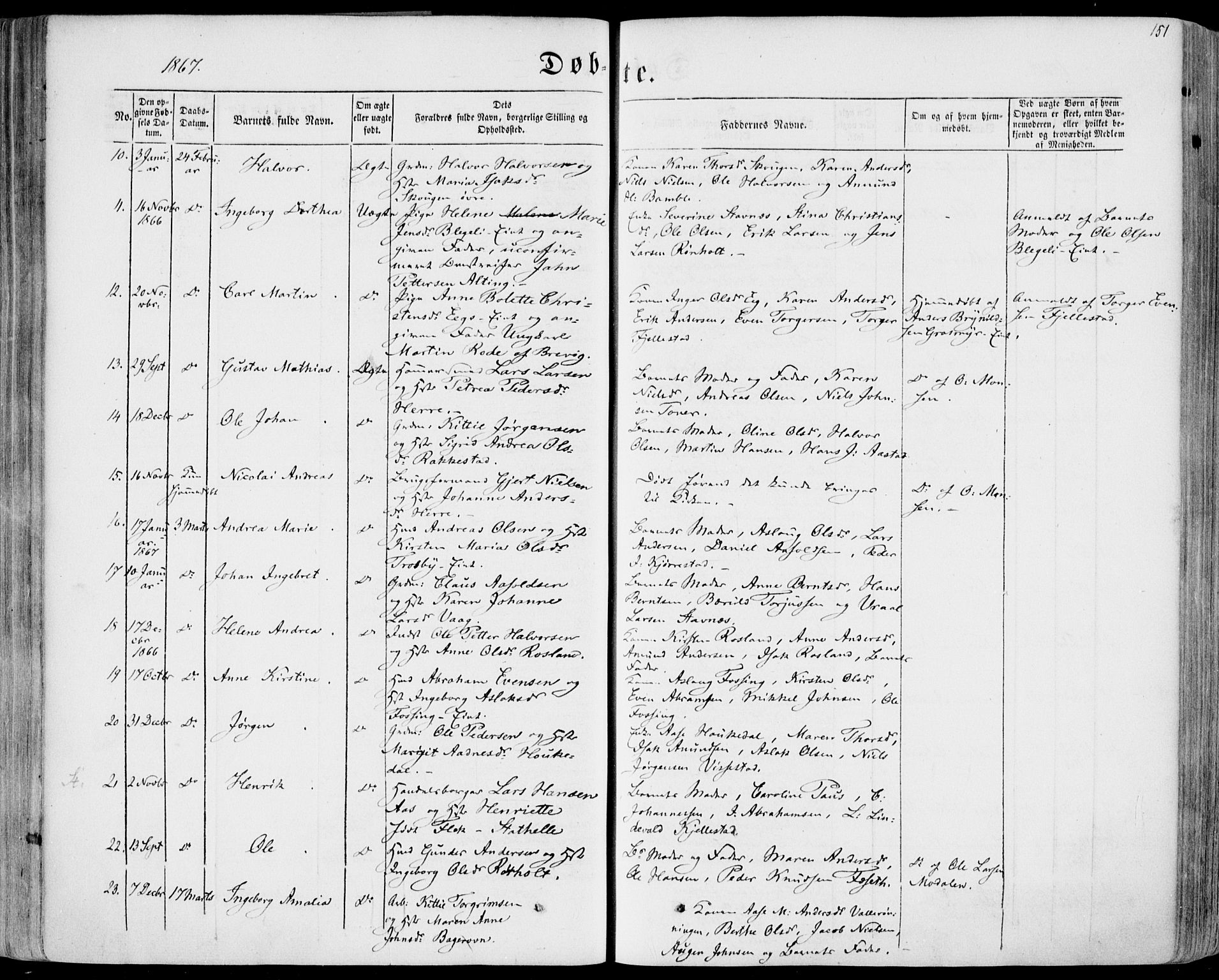 Bamble kirkebøker, SAKO/A-253/F/Fa/L0005: Parish register (official) no. I 5, 1854-1869, p. 151
