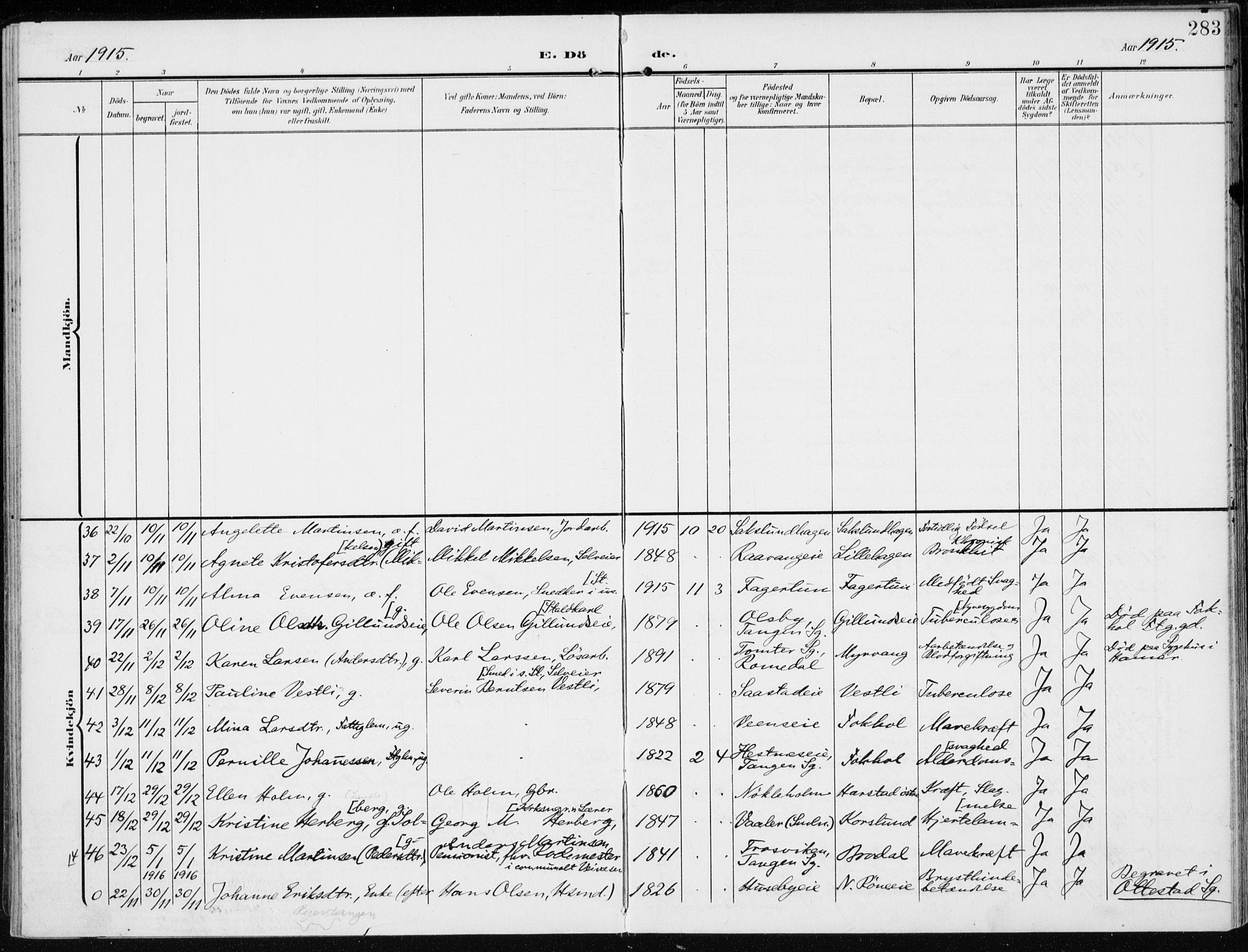 Stange prestekontor, AV/SAH-PREST-002/K/L0024: Parish register (official) no. 24, 1906-1922, p. 283