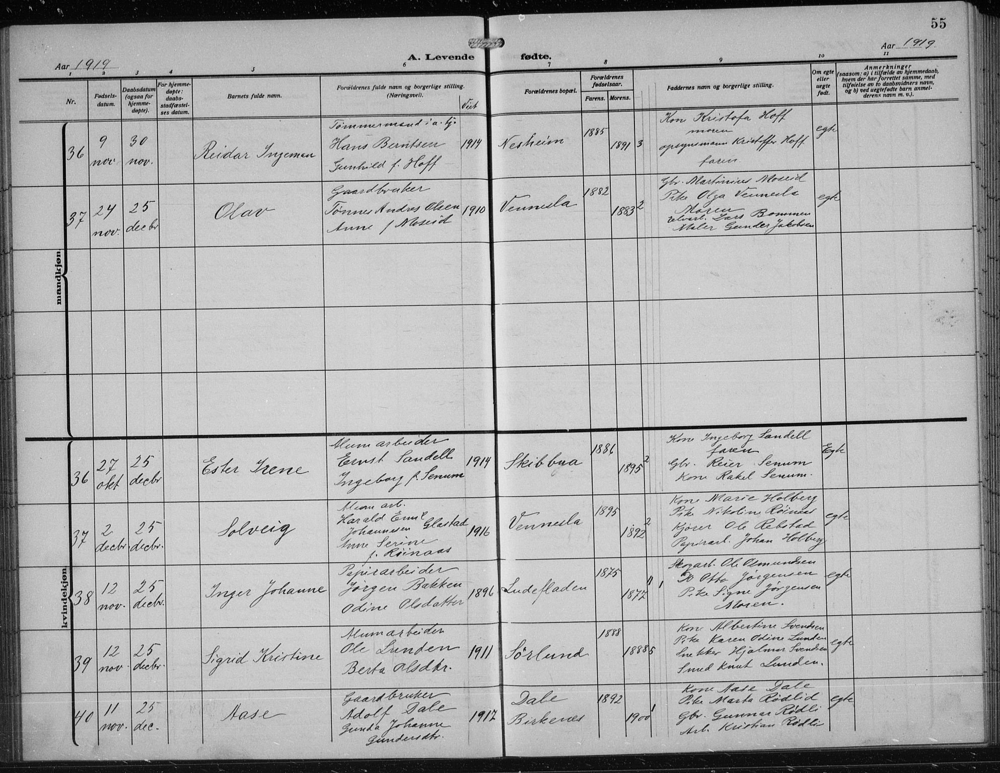 Vennesla sokneprestkontor, AV/SAK-1111-0045/Fb/Fbb/L0006: Parish register (copy) no. B 6, 1914-1921, p. 55