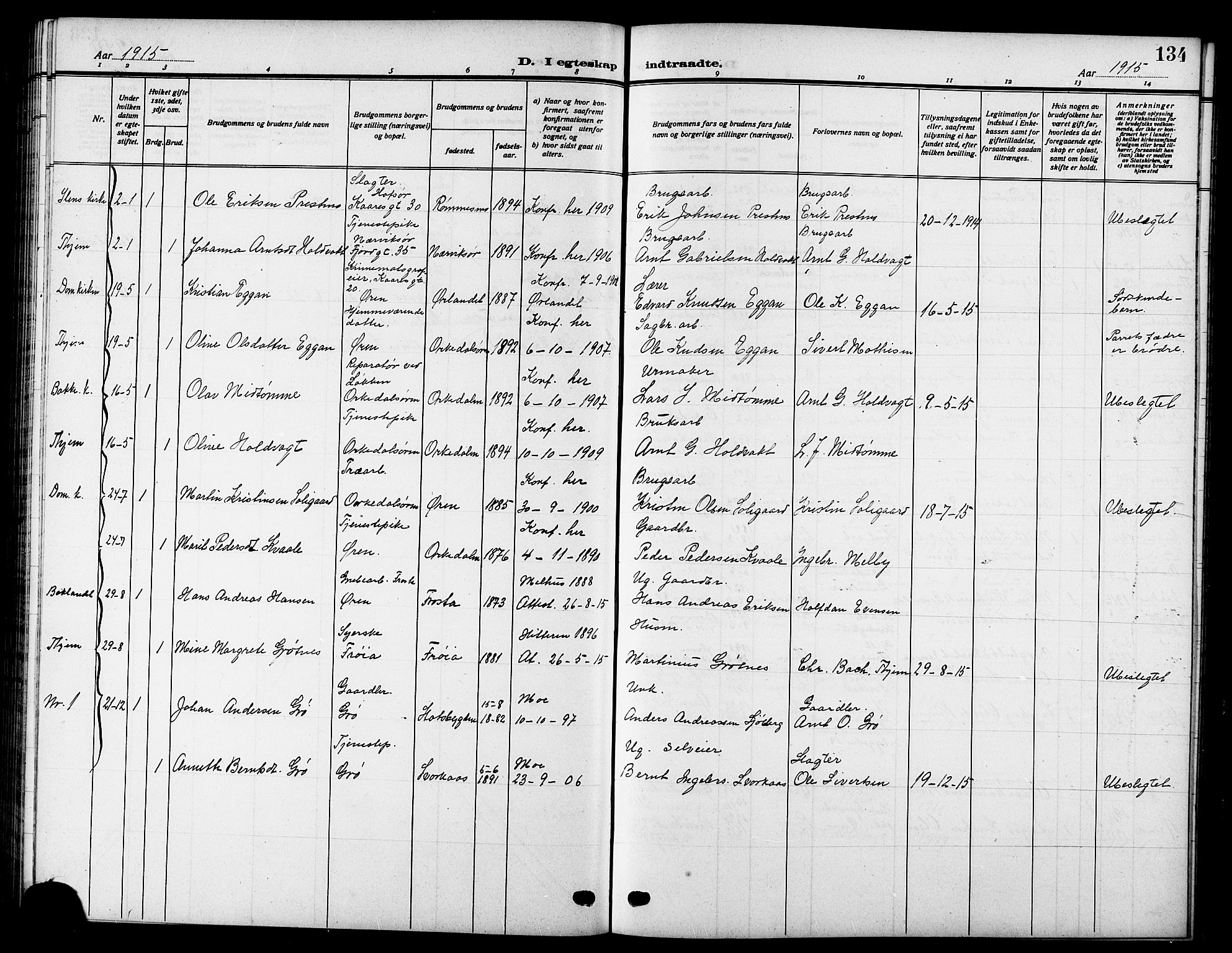 Ministerialprotokoller, klokkerbøker og fødselsregistre - Sør-Trøndelag, SAT/A-1456/669/L0831: Parish register (copy) no. 669C01, 1909-1924, p. 134
