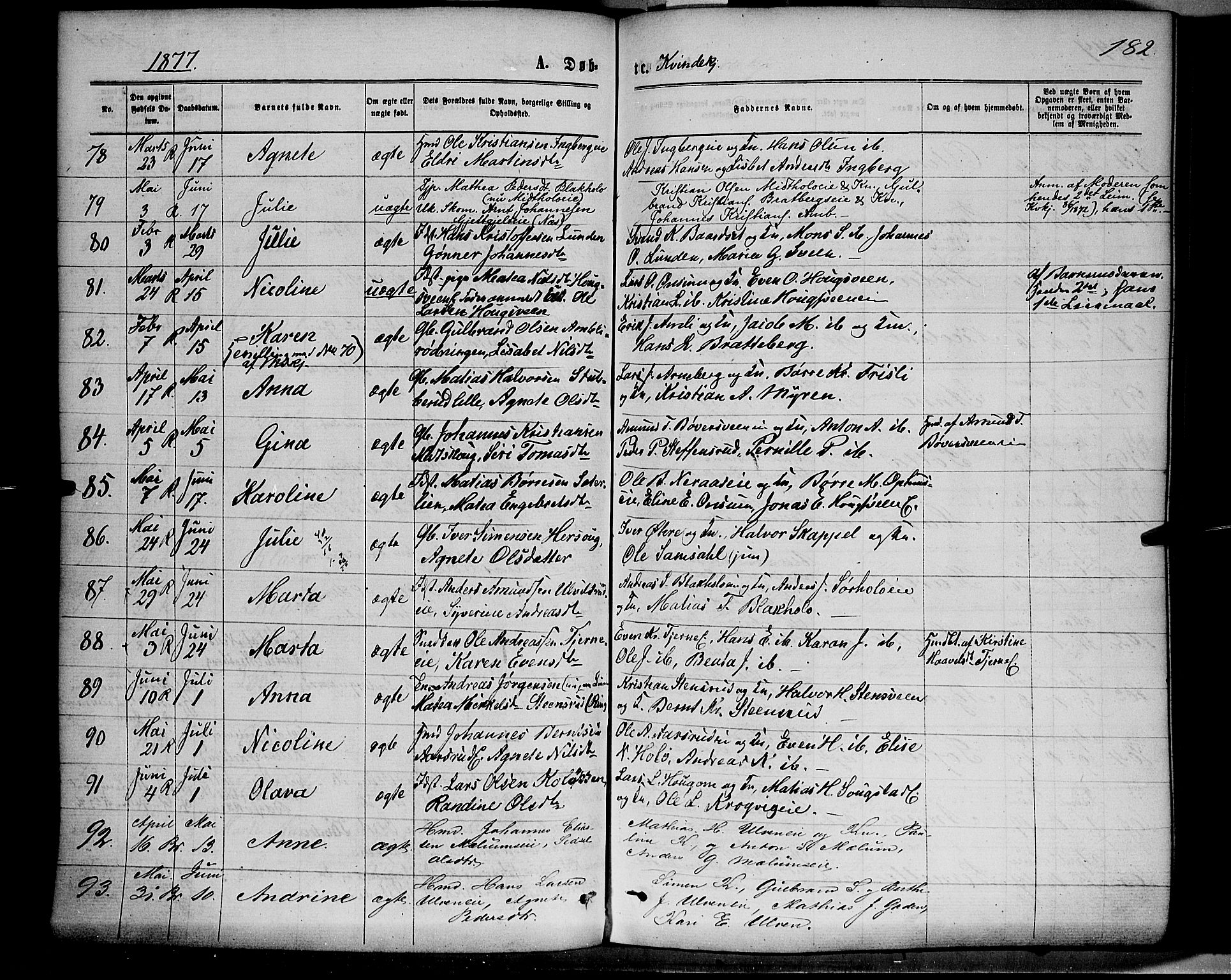 Ringsaker prestekontor, AV/SAH-PREST-014/K/Ka/L0011: Parish register (official) no. 11, 1870-1878, p. 182