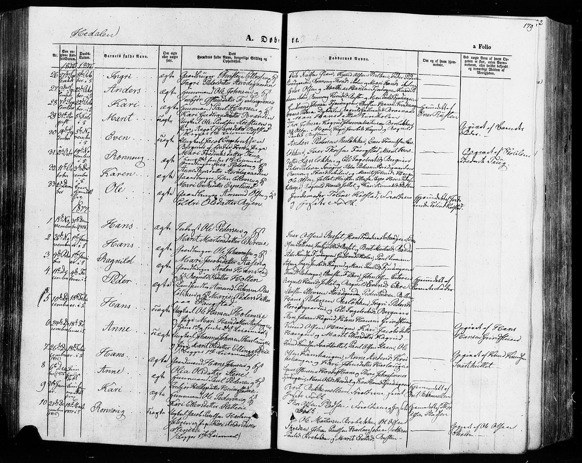 Vågå prestekontor, AV/SAH-PREST-076/H/Ha/Haa/L0007: Parish register (official) no. 7 /2, 1873-1886, p. 179
