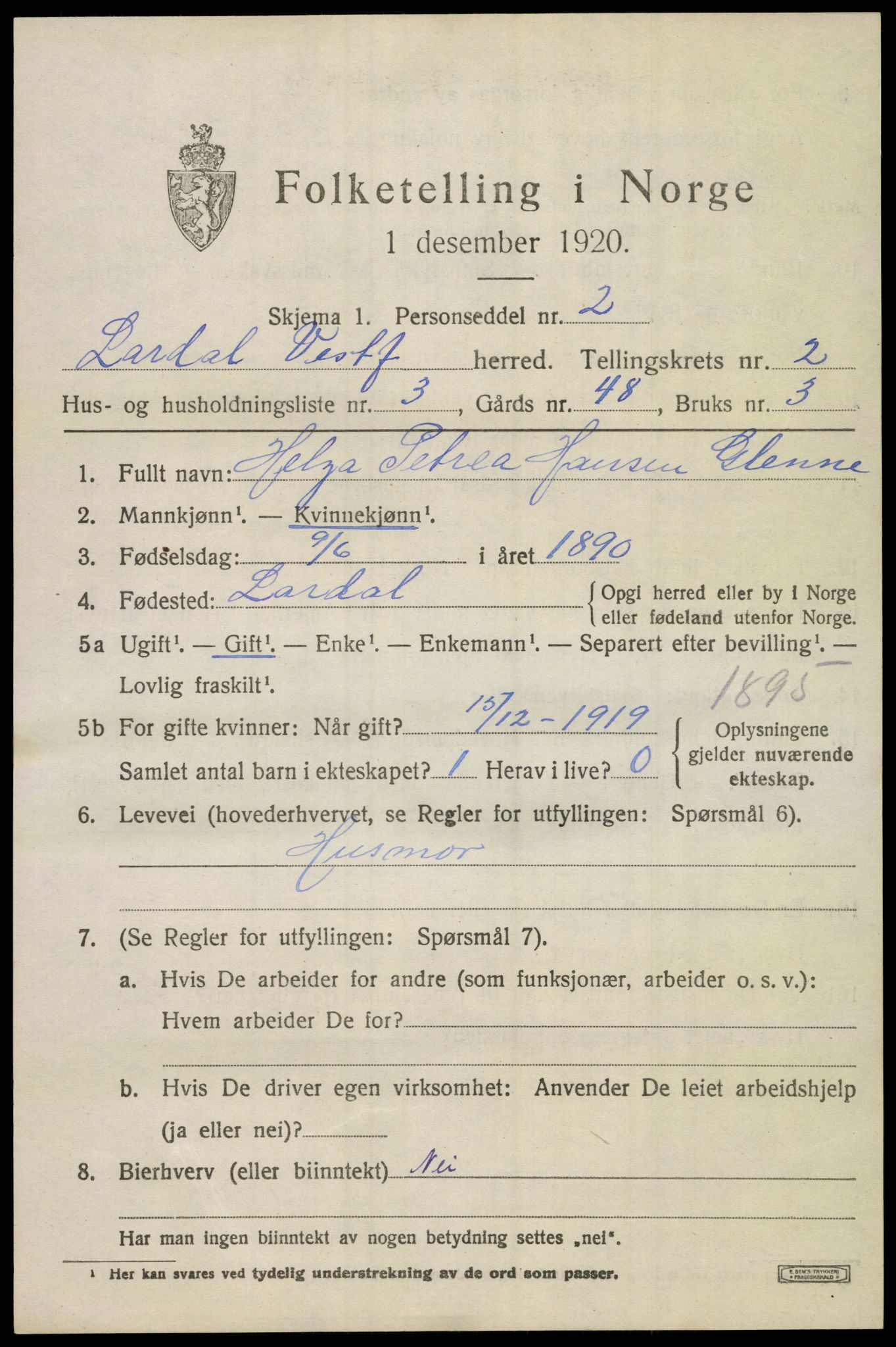 SAKO, 1920 census for Lardal, 1920, p. 1997