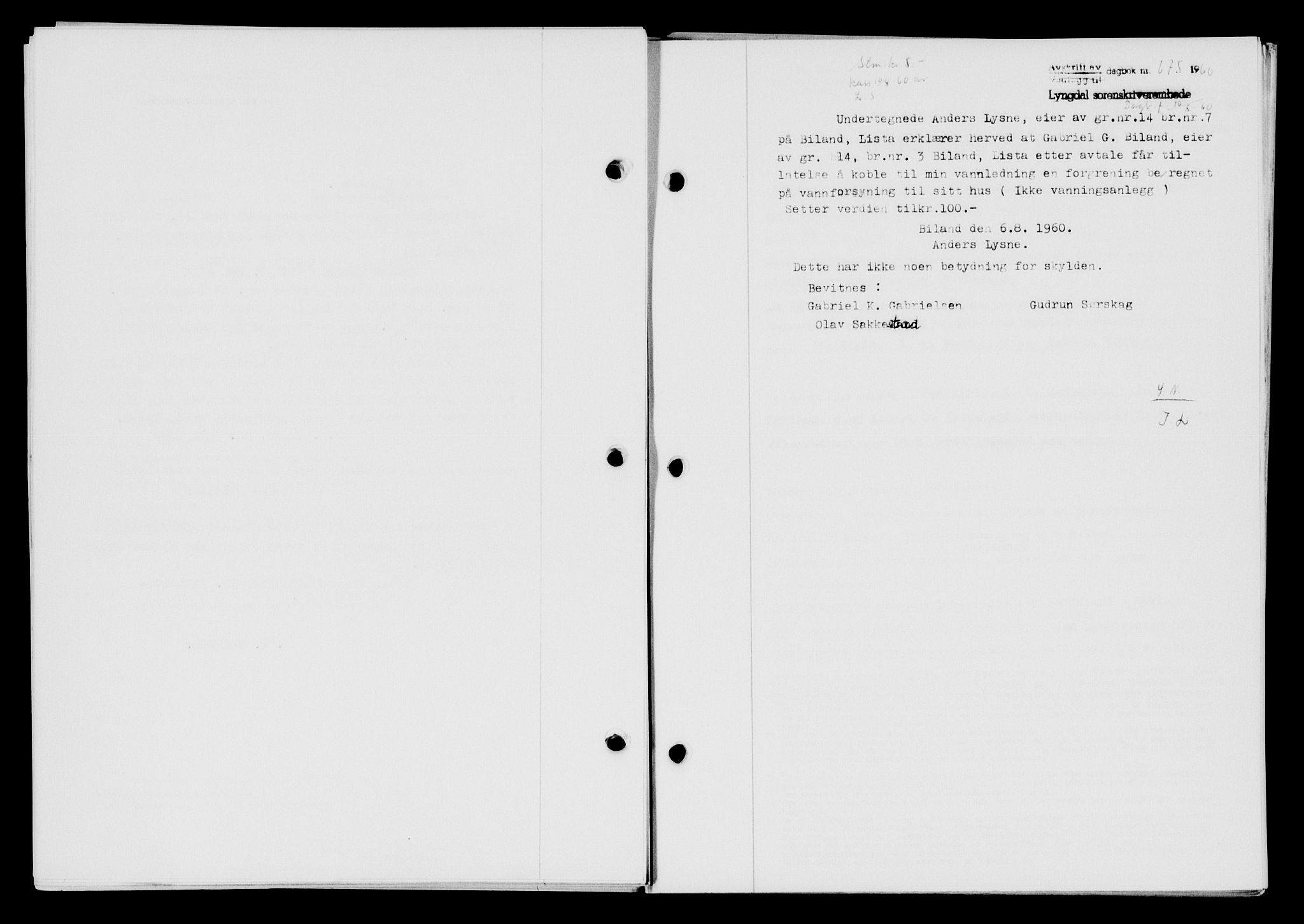 Lyngdal sorenskriveri, AV/SAK-1221-0004/G/Gb/L0680: Mortgage book no. A XXVI, 1960-1960, Diary no: : 675/1960