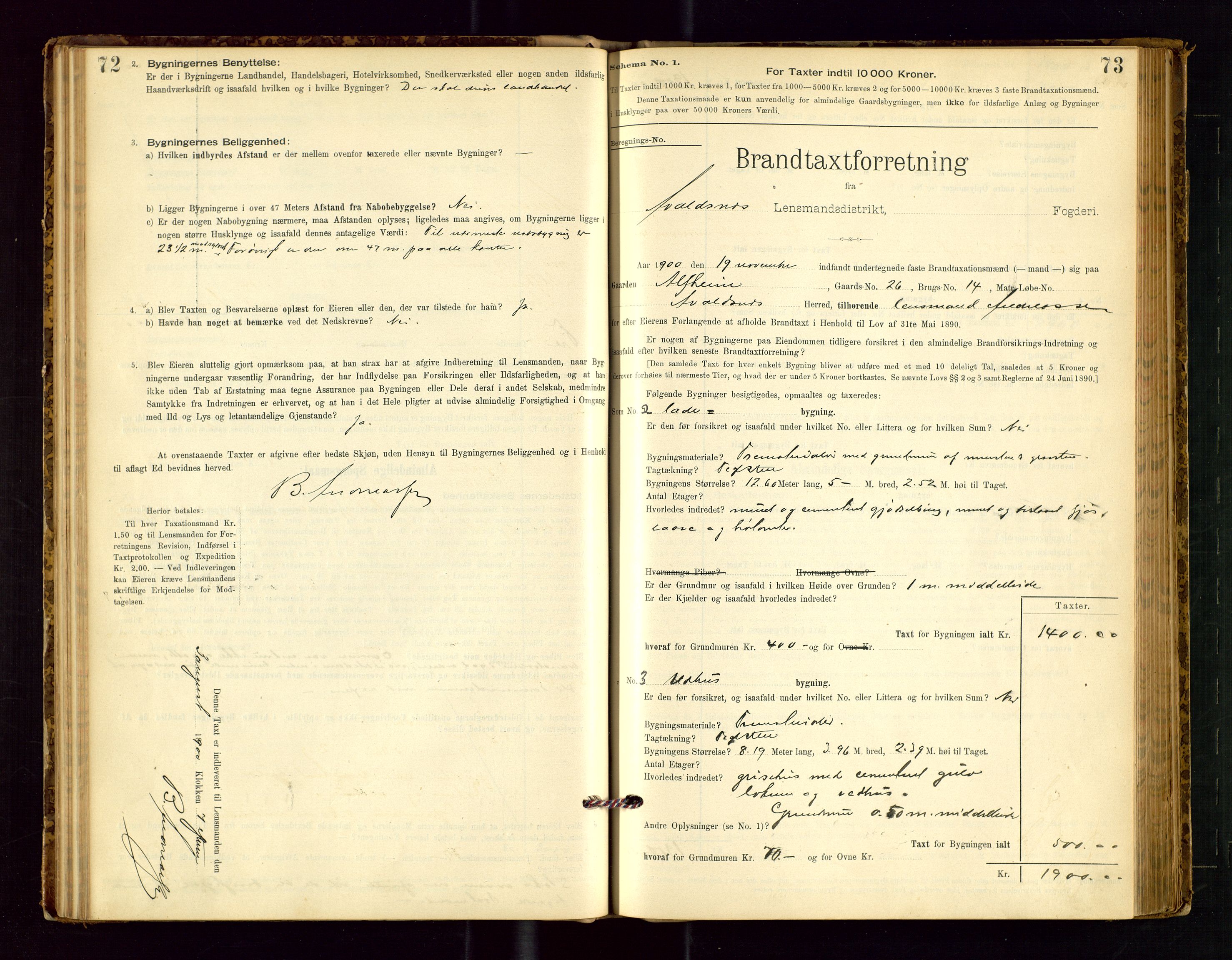 Avaldsnes lensmannskontor, SAST/A-100286/Gob/L0001: "Brandtaxationsprotokol for Avaldsnes Lensmandsdistrikt Ryfylke Fogderi", 1894-1925, p. 72-73