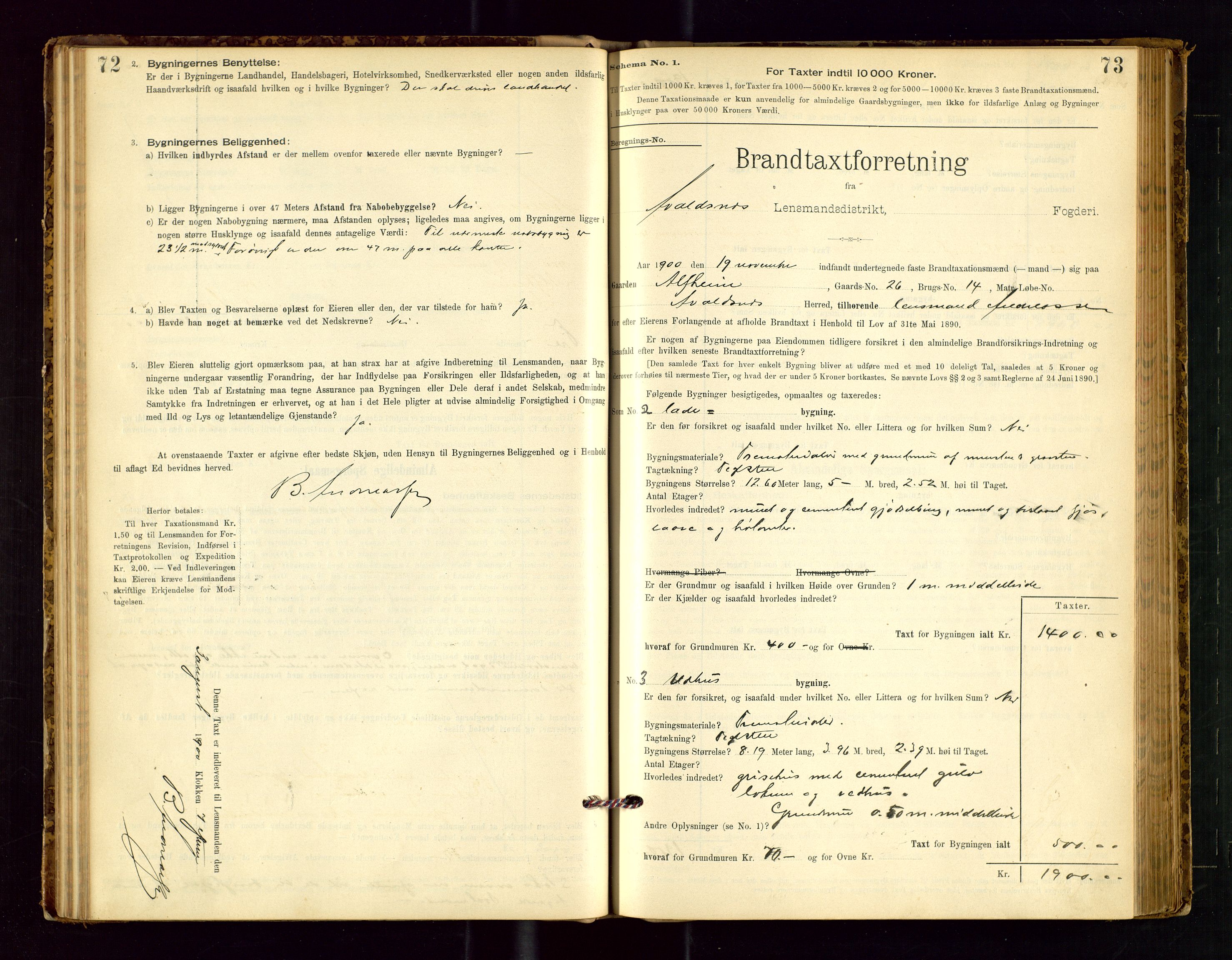 Avaldsnes lensmannskontor, AV/SAST-A-100286/Gob/L0001: "Brandtaxationsprotokol for Avaldsnes Lensmandsdistrikt Ryfylke Fogderi", 1894-1925, p. 72-73