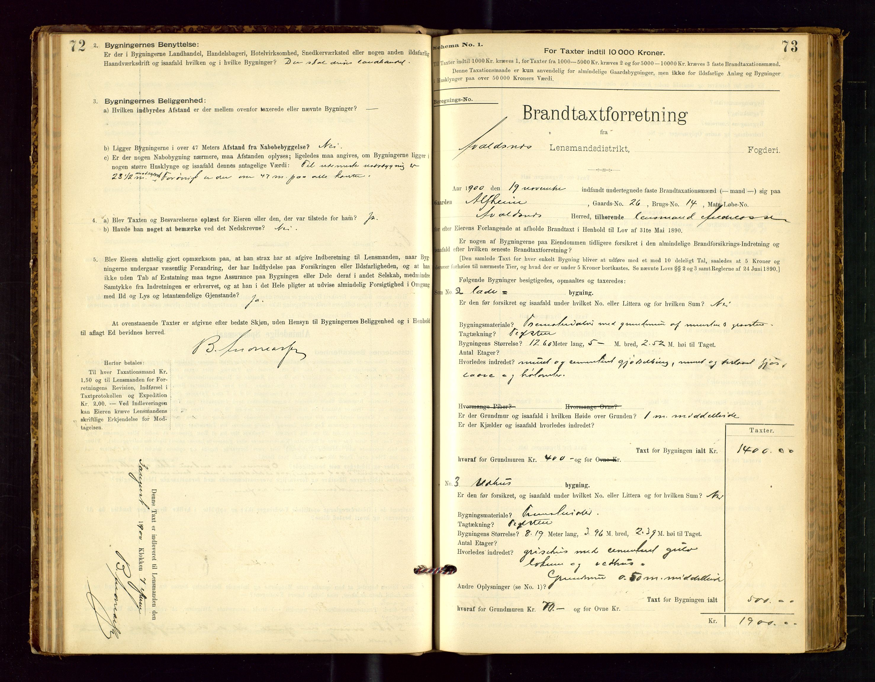 Avaldsnes lensmannskontor, AV/SAST-A-100286/Gob/L0001: "Brandtaxationsprotokol for Avaldsnes Lensmandsdistrikt Ryfylke Fogderi", 1894-1925, p. 72-73