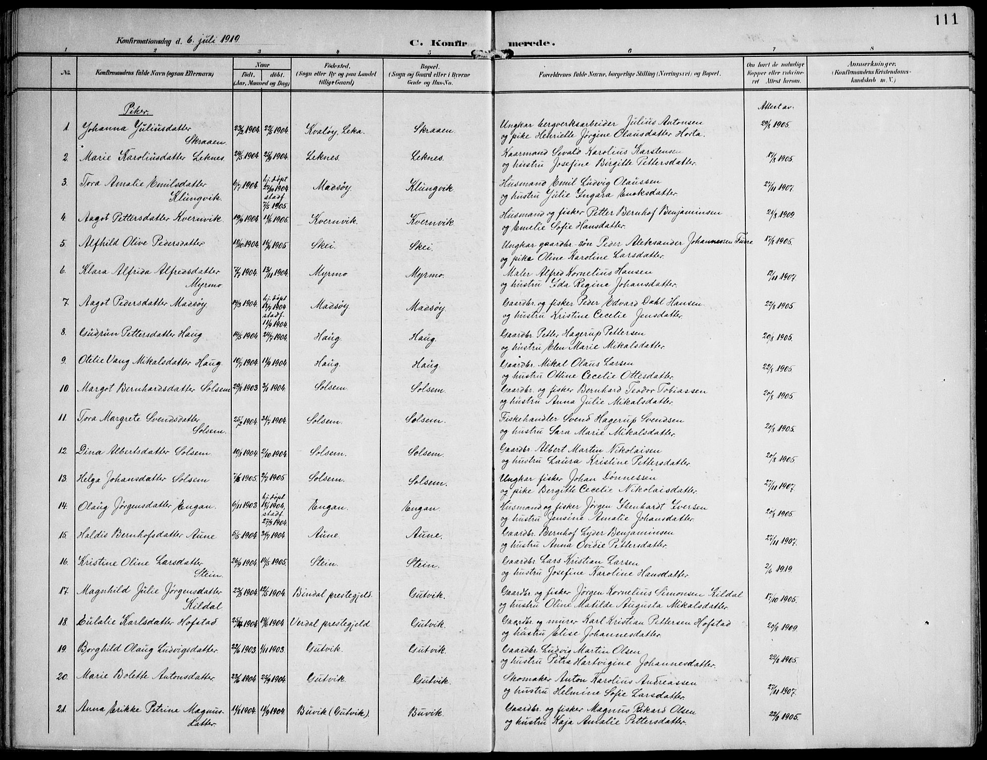 Ministerialprotokoller, klokkerbøker og fødselsregistre - Nord-Trøndelag, SAT/A-1458/788/L0698: Parish register (official) no. 788A05, 1902-1921, p. 111