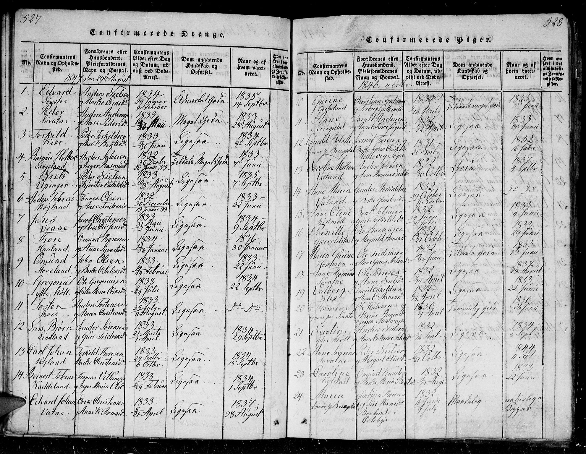 Holum sokneprestkontor, SAK/1111-0022/F/Fb/Fba/L0002: Parish register (copy) no. B 2, 1820-1849, p. 527-528
