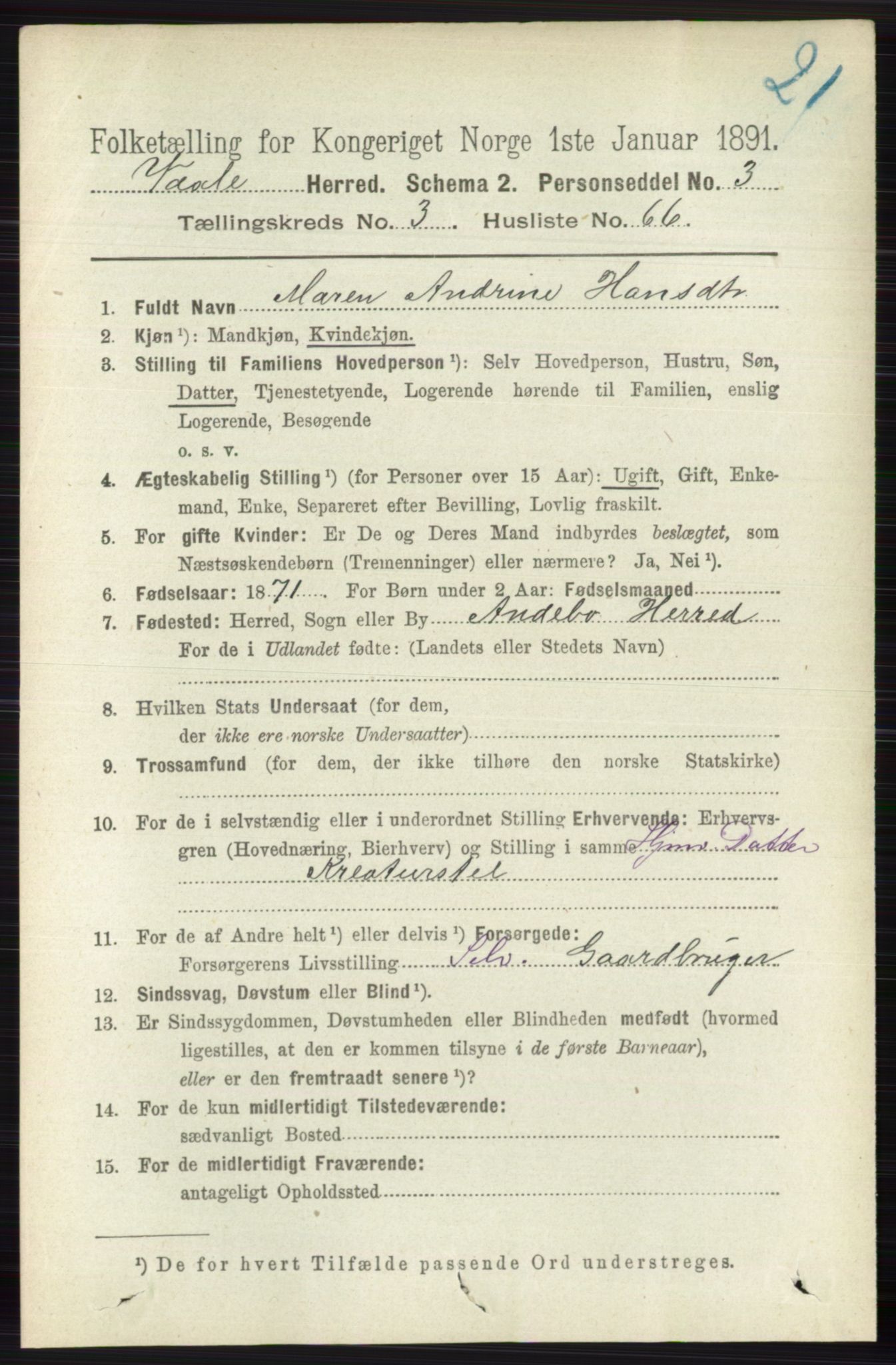 RA, 1891 census for 0716 Våle, 1891, p. 929