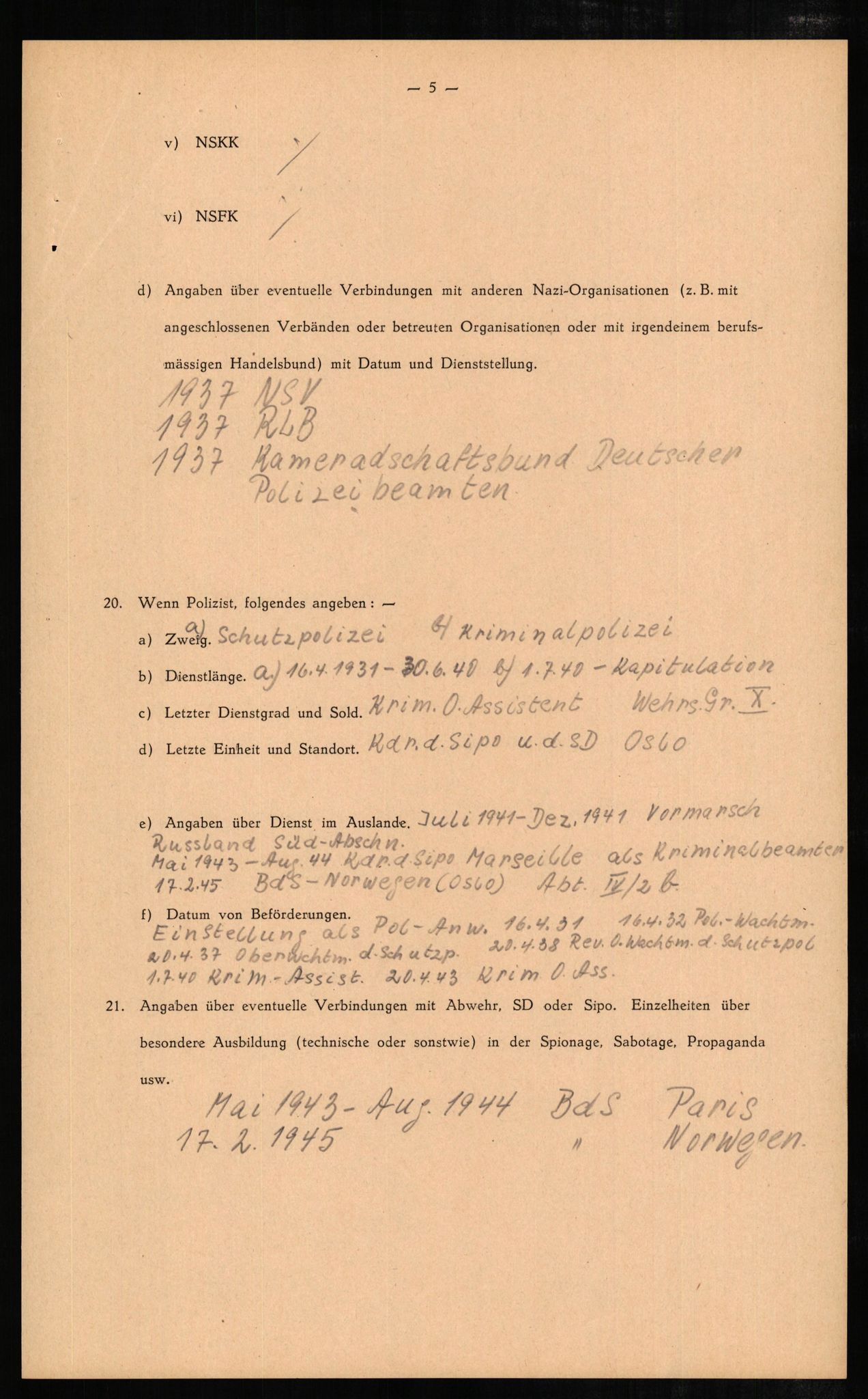 Forsvaret, Forsvarets overkommando II, AV/RA-RAFA-3915/D/Db/L0005: CI Questionaires. Tyske okkupasjonsstyrker i Norge. Tyskere., 1945-1946, p. 189