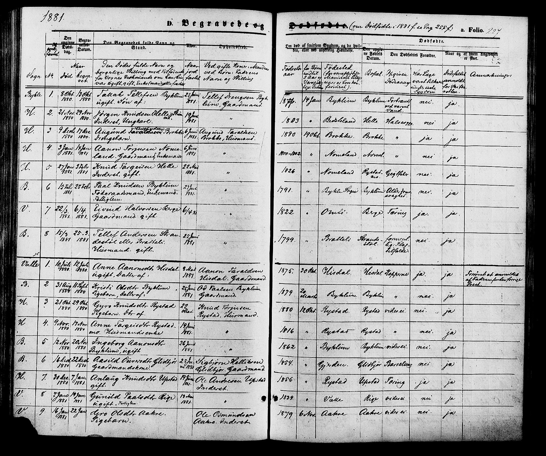 Valle sokneprestkontor, SAK/1111-0044/F/Fa/Fac/L0008: Parish register (official) no. A 8, 1868-1882, p. 227