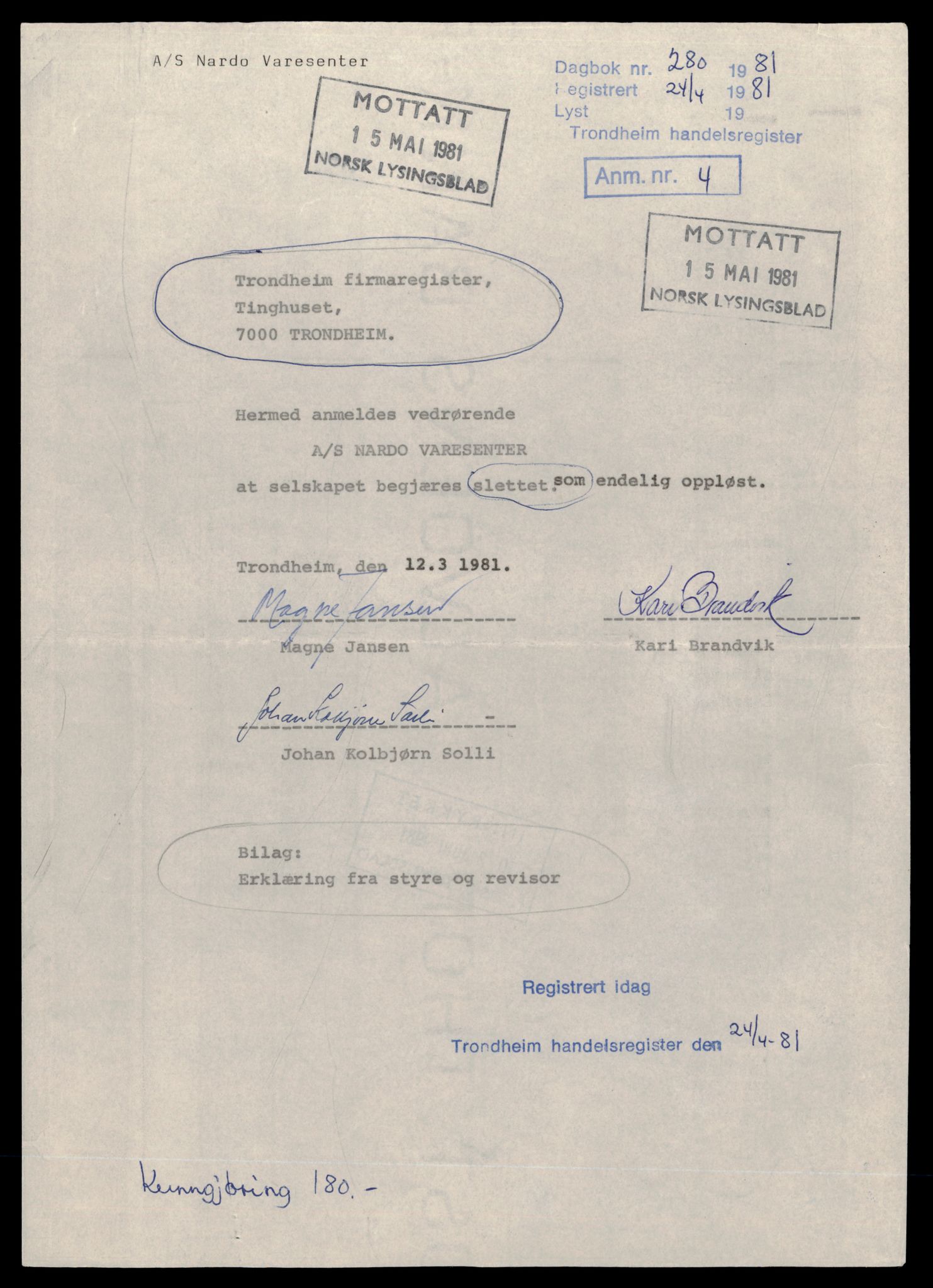 Trondheim byfogd, AV/SAT-A-0003/2/J/Jd/Jdb/L0062: Aksjeselskap, andelslag og borettslag, Nar-Nor, 1977-1981