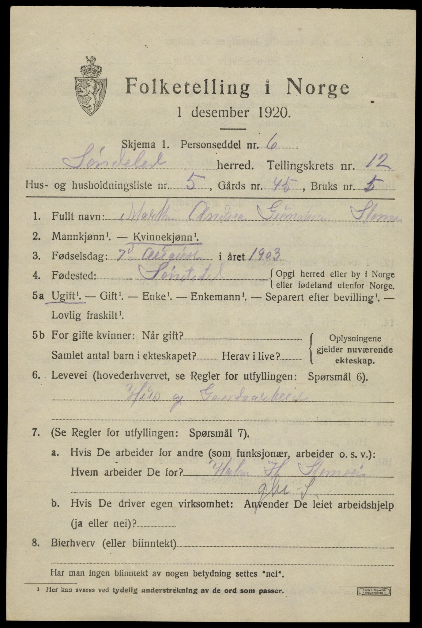 SAK, 1920 census for Søndeled, 1920, p. 5891