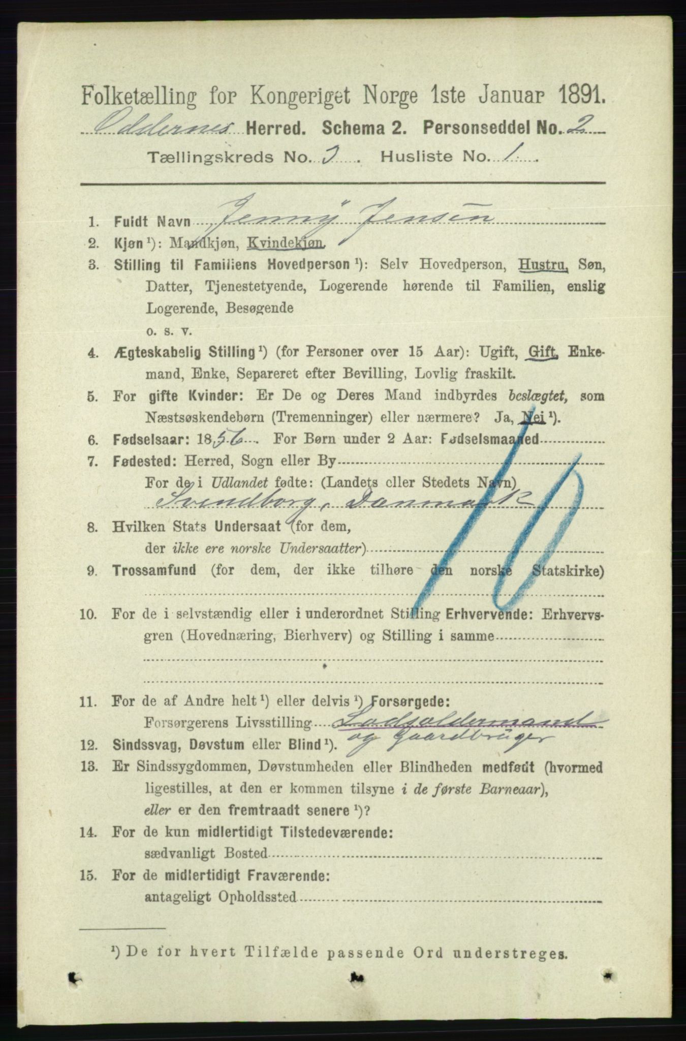 RA, 1891 census for 1012 Oddernes, 1891, p. 825