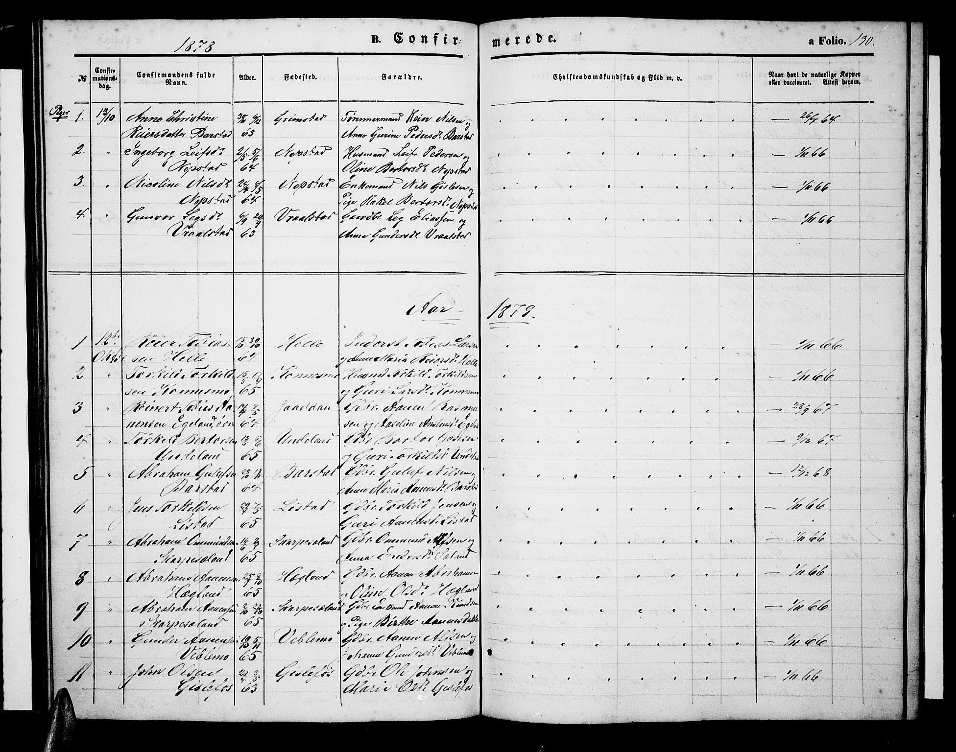 Nord-Audnedal sokneprestkontor, AV/SAK-1111-0032/F/Fb/Fba/L0002: Parish register (copy) no. B 2, 1856-1882, p. 130