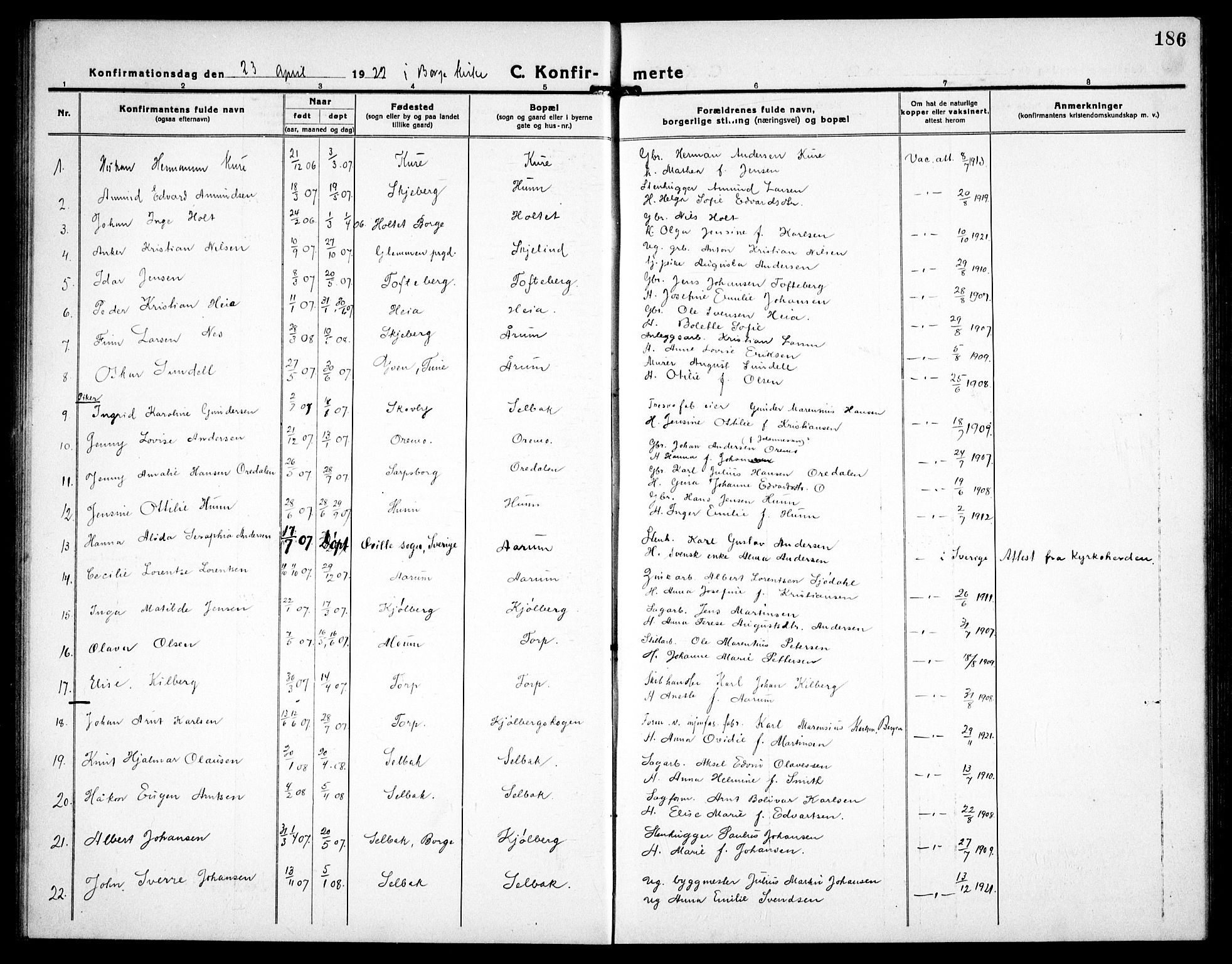 Borge prestekontor Kirkebøker, SAO/A-10903/G/Ga/L0003: Parish register (copy) no. I 3, 1918-1939, p. 186