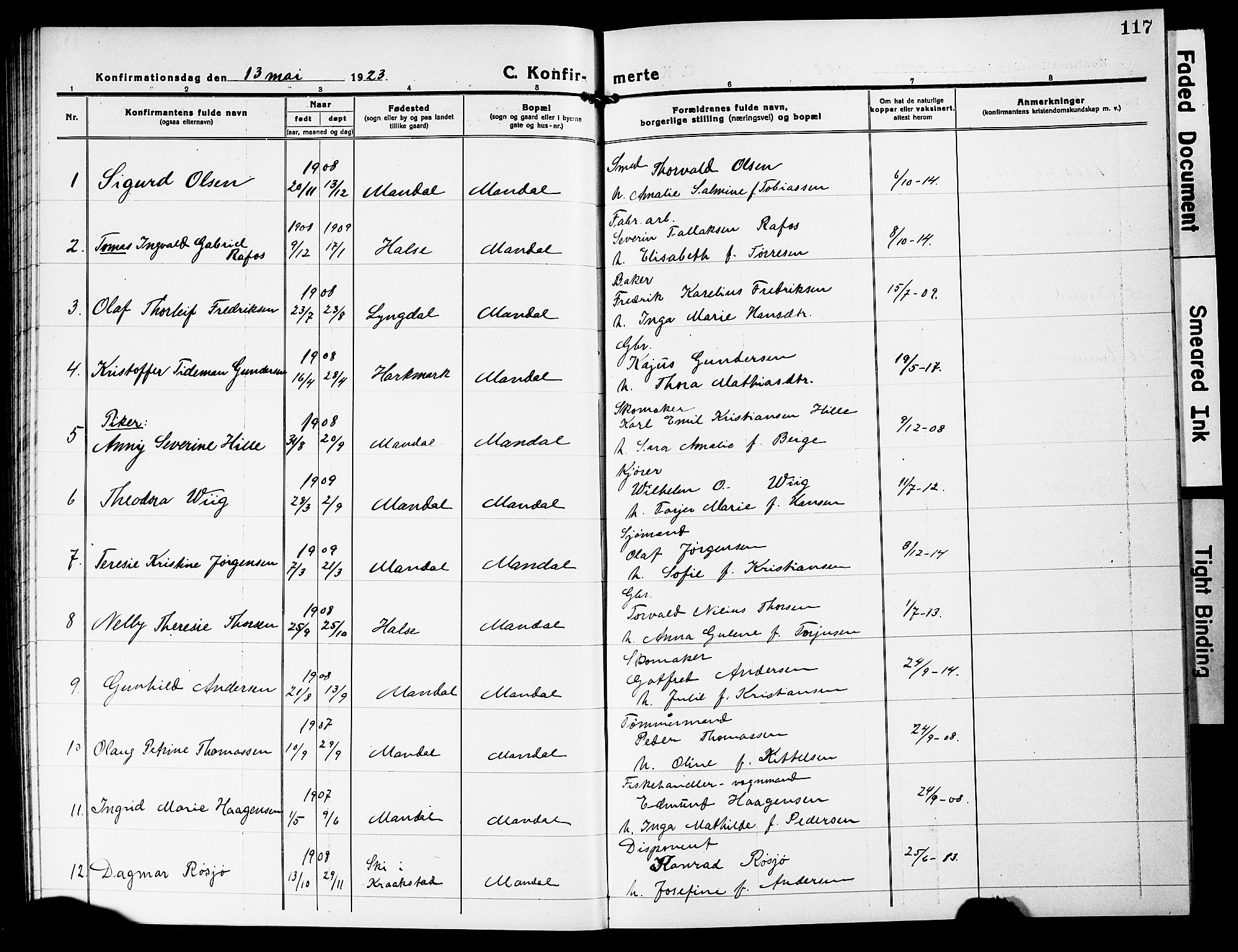 Mandal sokneprestkontor, SAK/1111-0030/F/Fb/Fbc/L0001: Parish register (copy) no. B 1, 1918-1931, p. 117