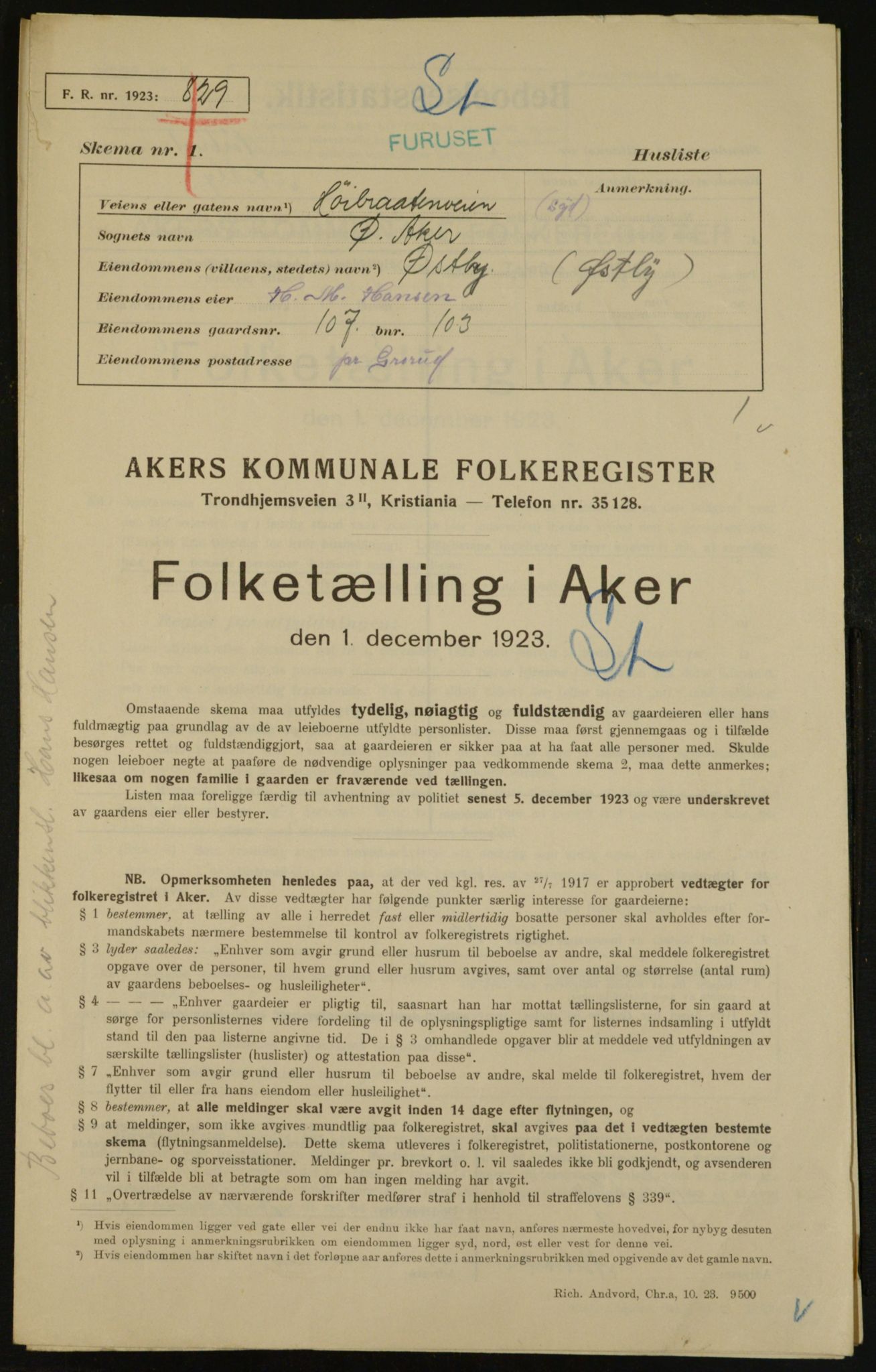 , Municipal Census 1923 for Aker, 1923, p. 27953