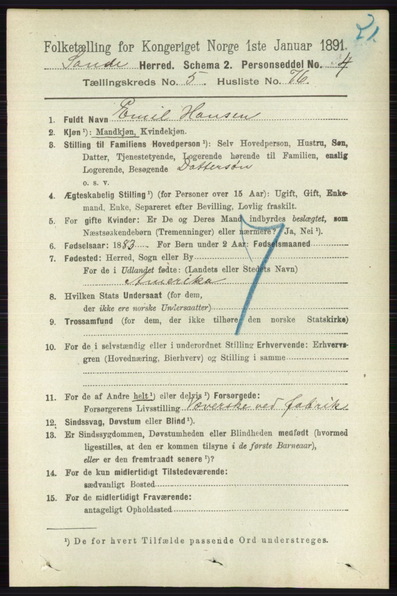 RA, 1891 census for 0713 Sande, 1891, p. 2604