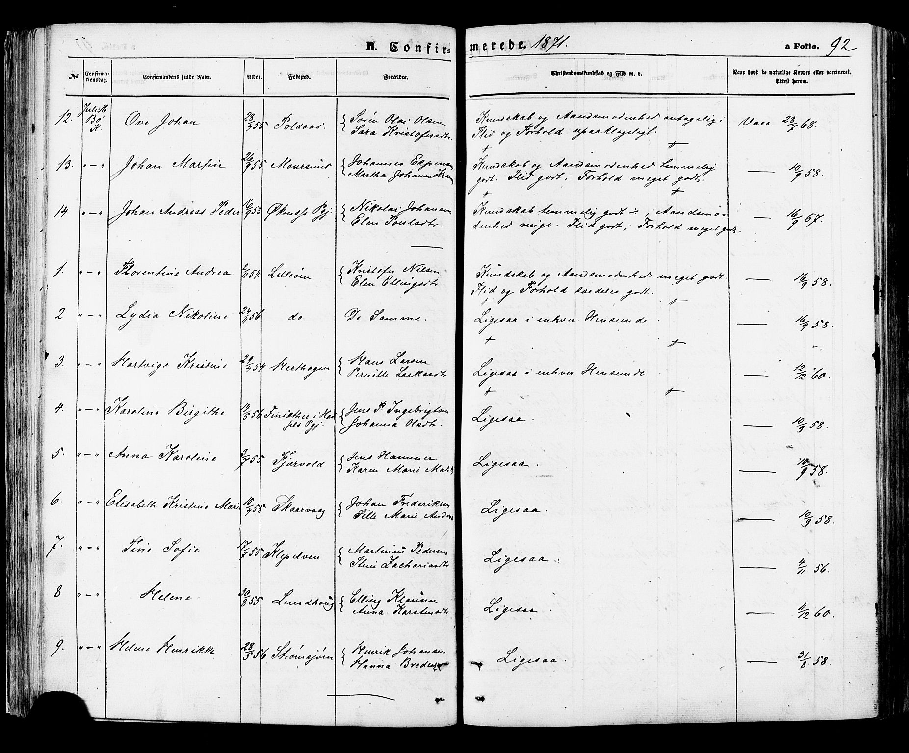 Ministerialprotokoller, klokkerbøker og fødselsregistre - Nordland, AV/SAT-A-1459/891/L1301: Parish register (official) no. 891A06, 1870-1878, p. 92