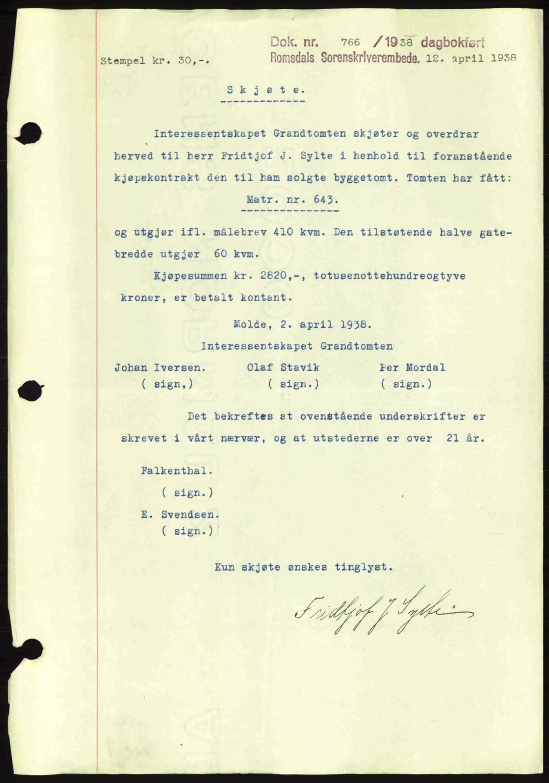 Romsdal sorenskriveri, AV/SAT-A-4149/1/2/2C: Mortgage book no. A4, 1937-1938, Diary no: : 766/1938