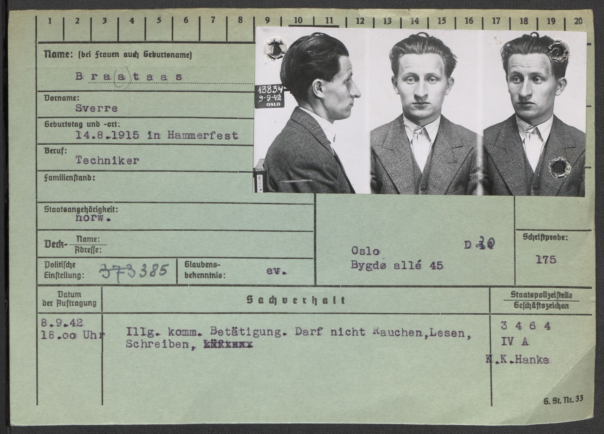 Befehlshaber der Sicherheitspolizei und des SD, AV/RA-RAFA-5969/E/Ea/Eaa/L0002: Register over norske fanger i Møllergata 19: Bj-Eng, 1940-1945, p. 461