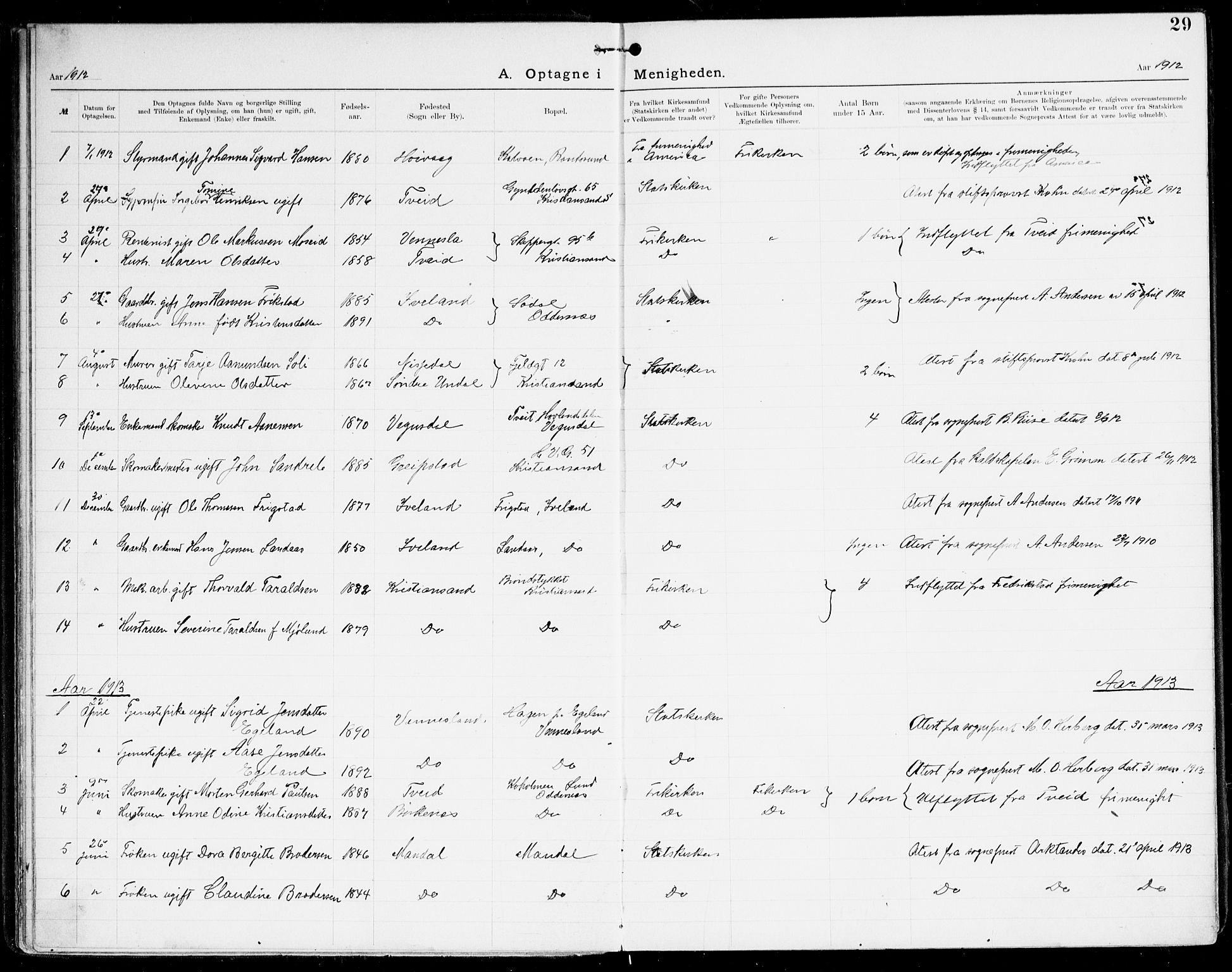 Den evangelisk-lutherske frikirke, Kristiansand, SAK/1292-0017/F/Fa/L0003: Dissenter register no. F 11, 1892-1925, p. 29