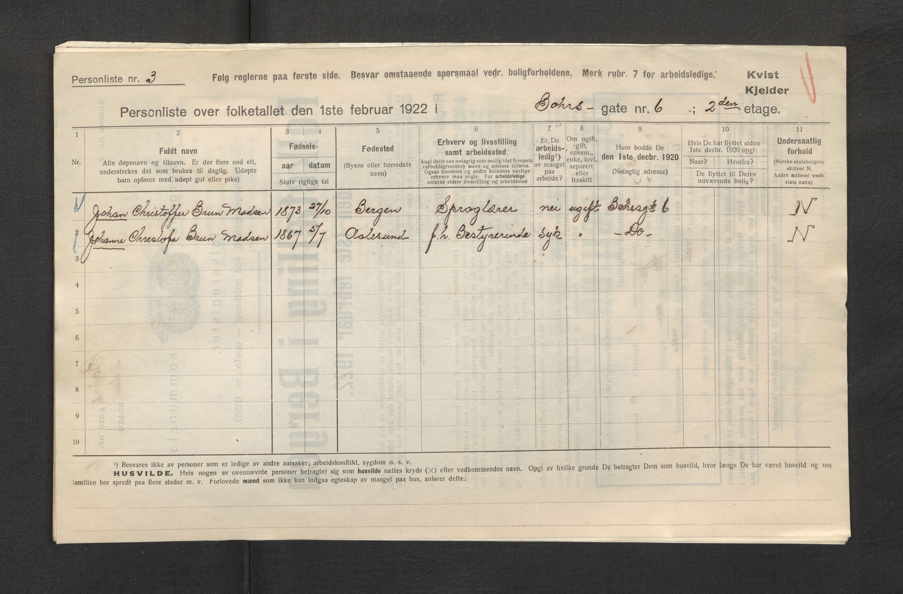 SAB, Municipal Census 1922 for Bergen, 1922, p. 3726