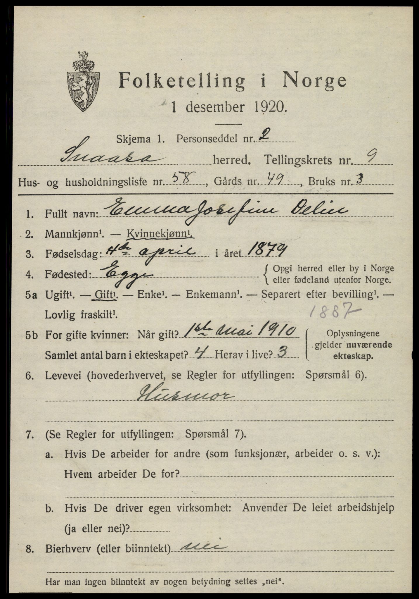 SAT, 1920 census for Snåsa, 1920, p. 4322