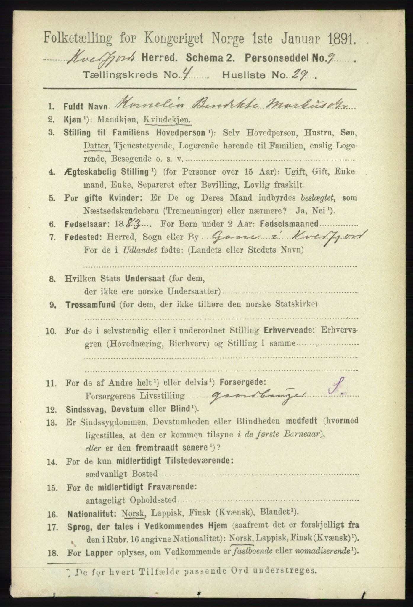 RA, 1891 census for 1911 Kvæfjord, 1891, p. 2082