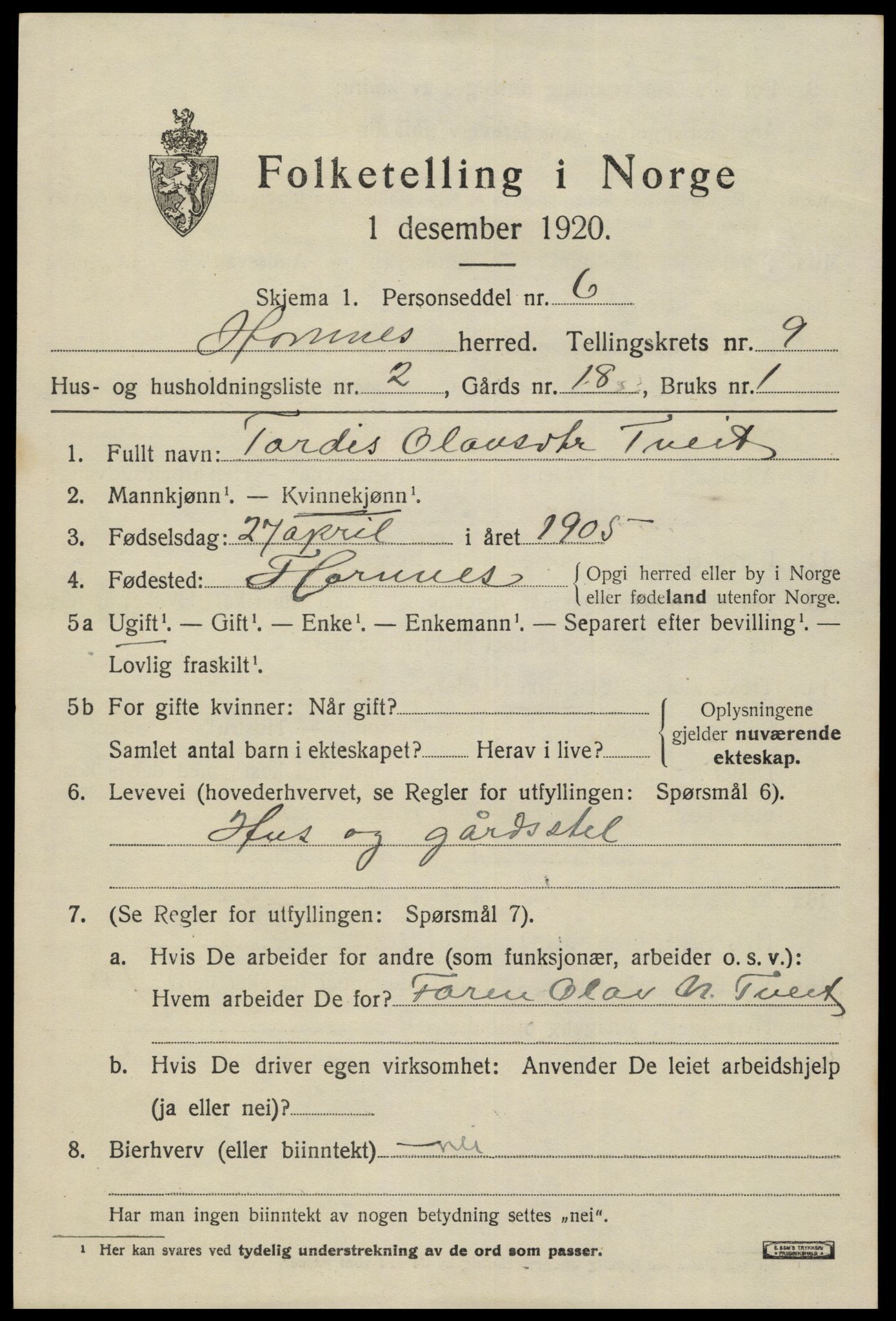 SAK, 1920 census for Hornnes, 1920, p. 2211