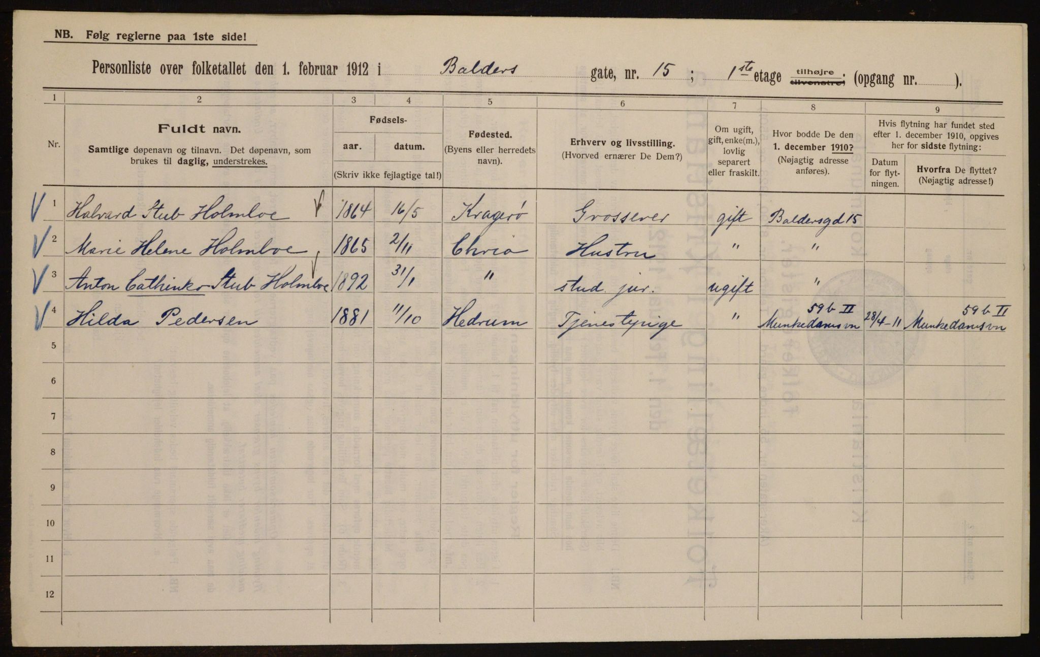 OBA, Municipal Census 1912 for Kristiania, 1912, p. 3223